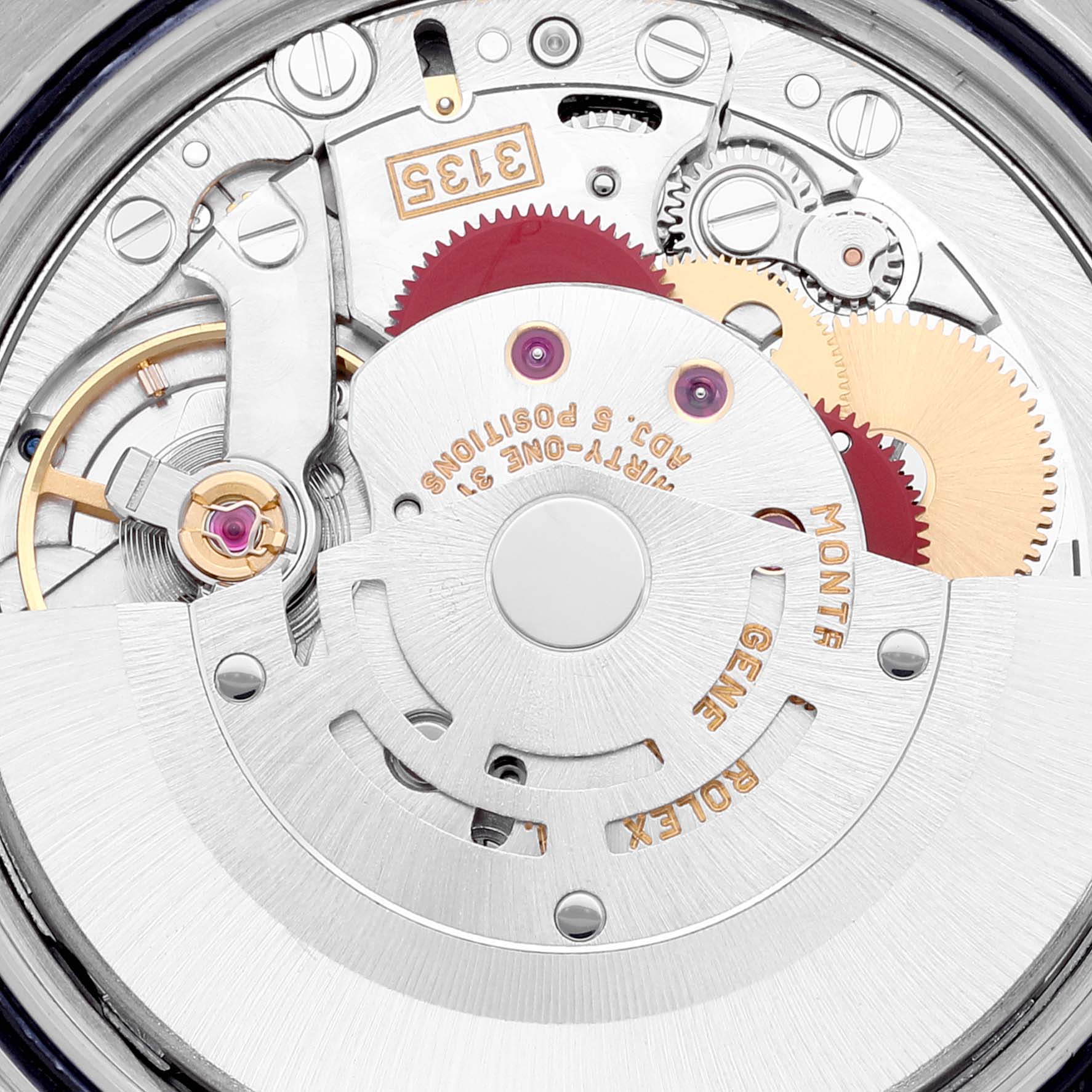 This image shows the inner mechanical parts of the Rolex Datejust 16233 Men's Steel and Gold (two tone) Black Dial 16233 Men's Steel and Gold (two tone) Black Dial watch, focusing on the movement and gears.