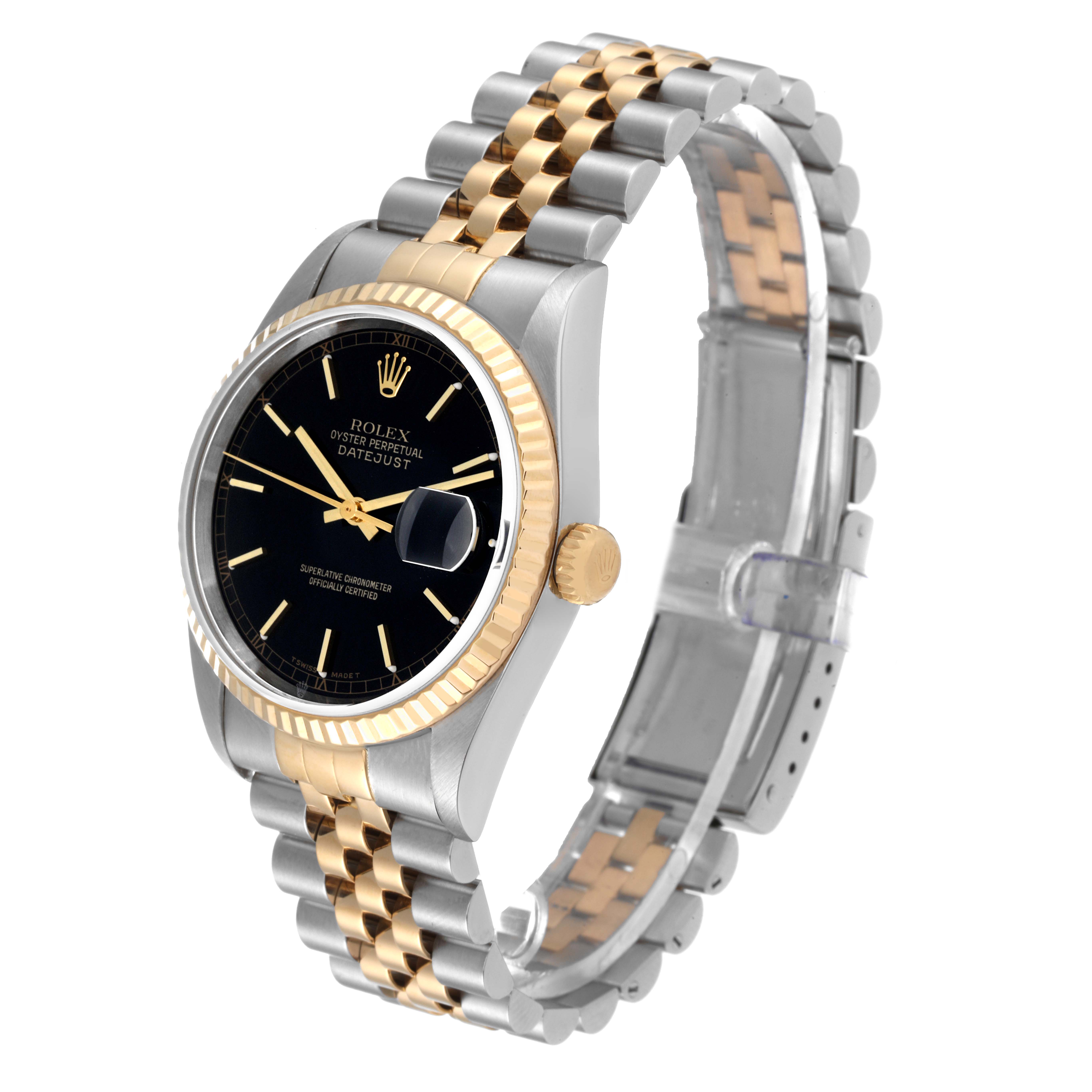 The Rolex Datejust 16233 Men's Steel and Gold (two tone) Black Dial 16233 Men's Steel and Gold (two tone) Black Dial watch is shown at an angle highlighting the black dial, fluted bezel, and two-tone jubilee bracelet.