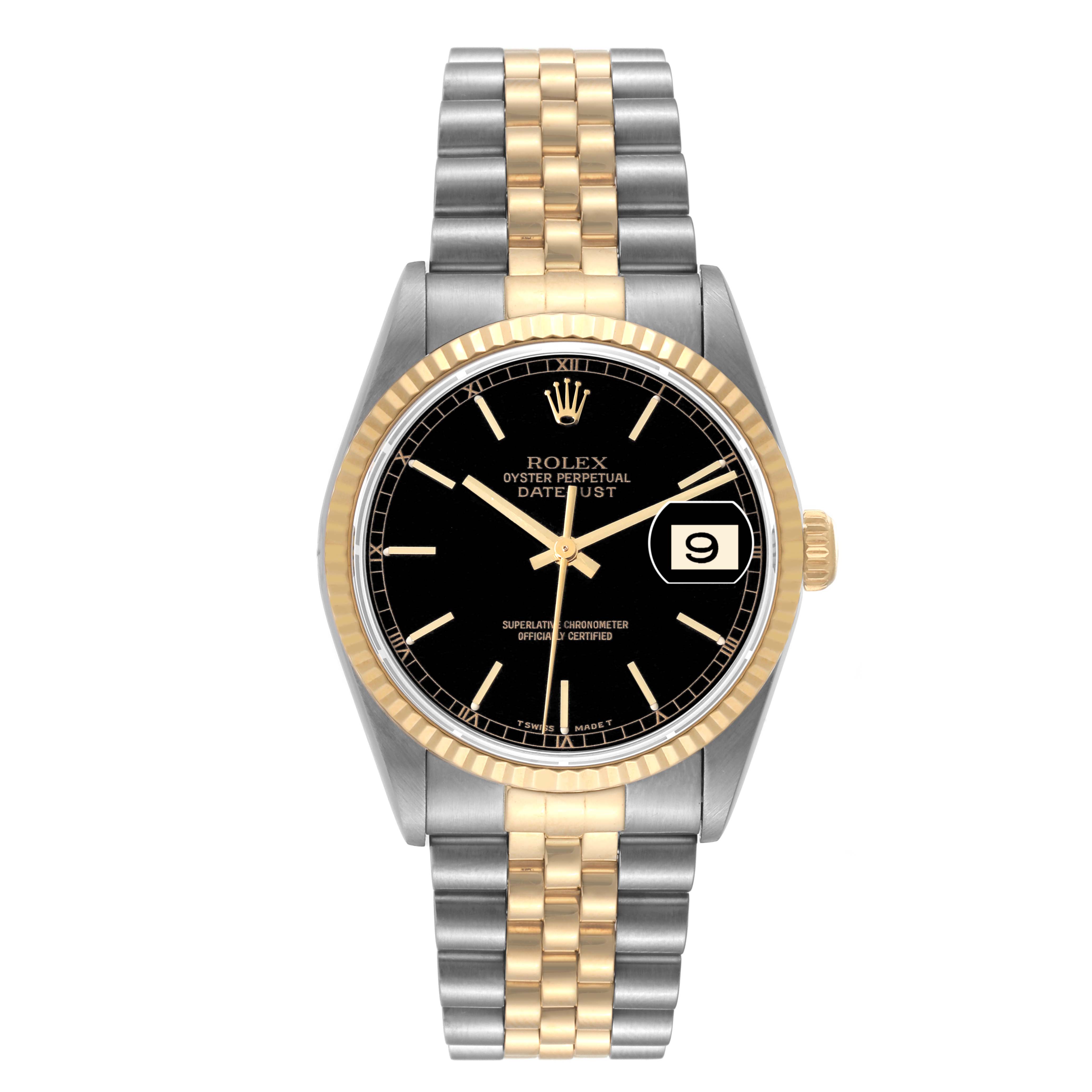 This image shows a front view of a Rolex Datejust 16233 Men's Steel and Gold (two tone) Black Dial 16233 Men's Steel and Gold (two tone) Black Dial watch featuring a black dial, date window, and two-tone metal bracelet.
