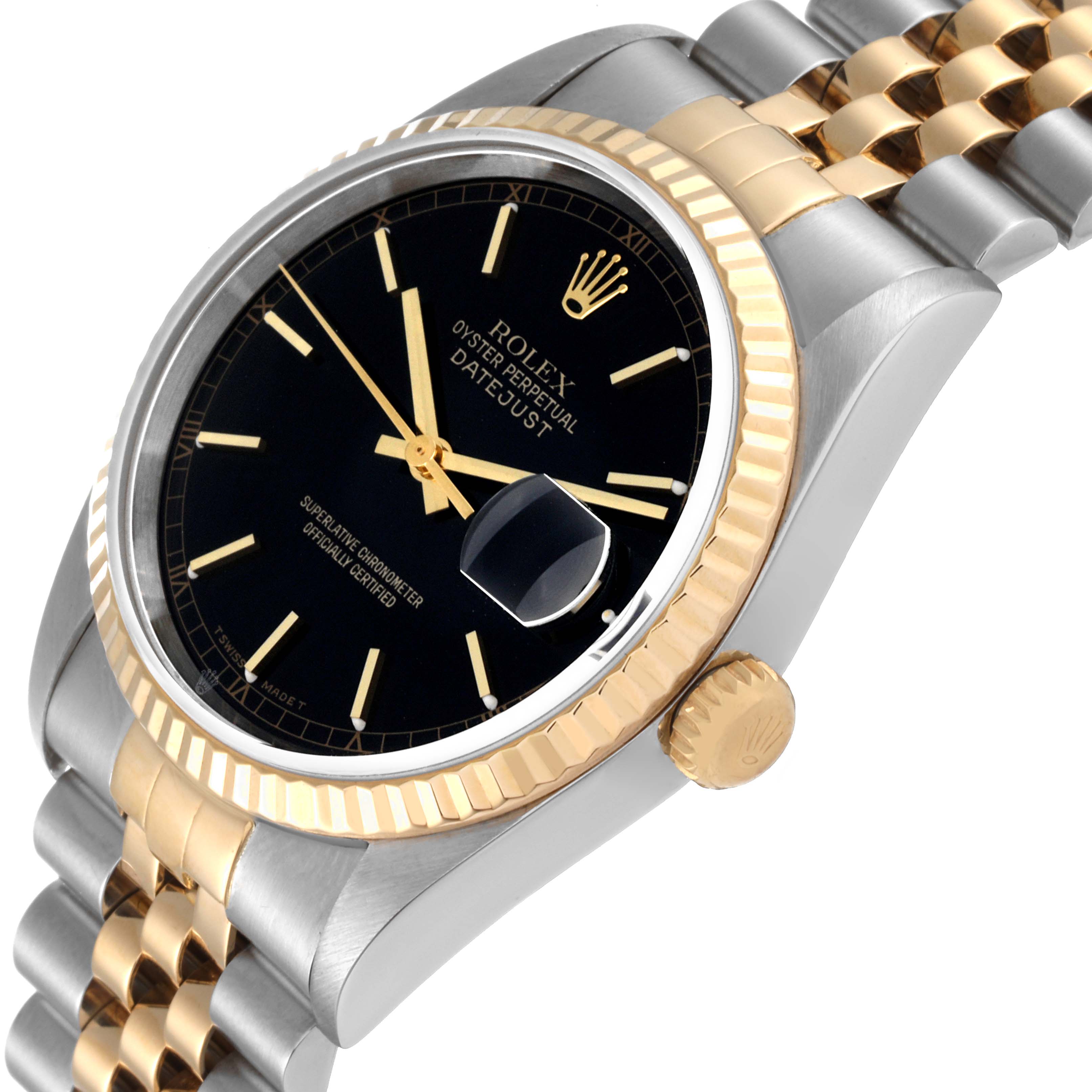 The image shows a Rolex Datejust 16233 Men's Steel and Gold (two tone) Black Dial 16233 Men's Steel and Gold (two tone) Black Dial watch at an angle highlighting the black dial, gold bezel, crown, and two-tone bracelet.