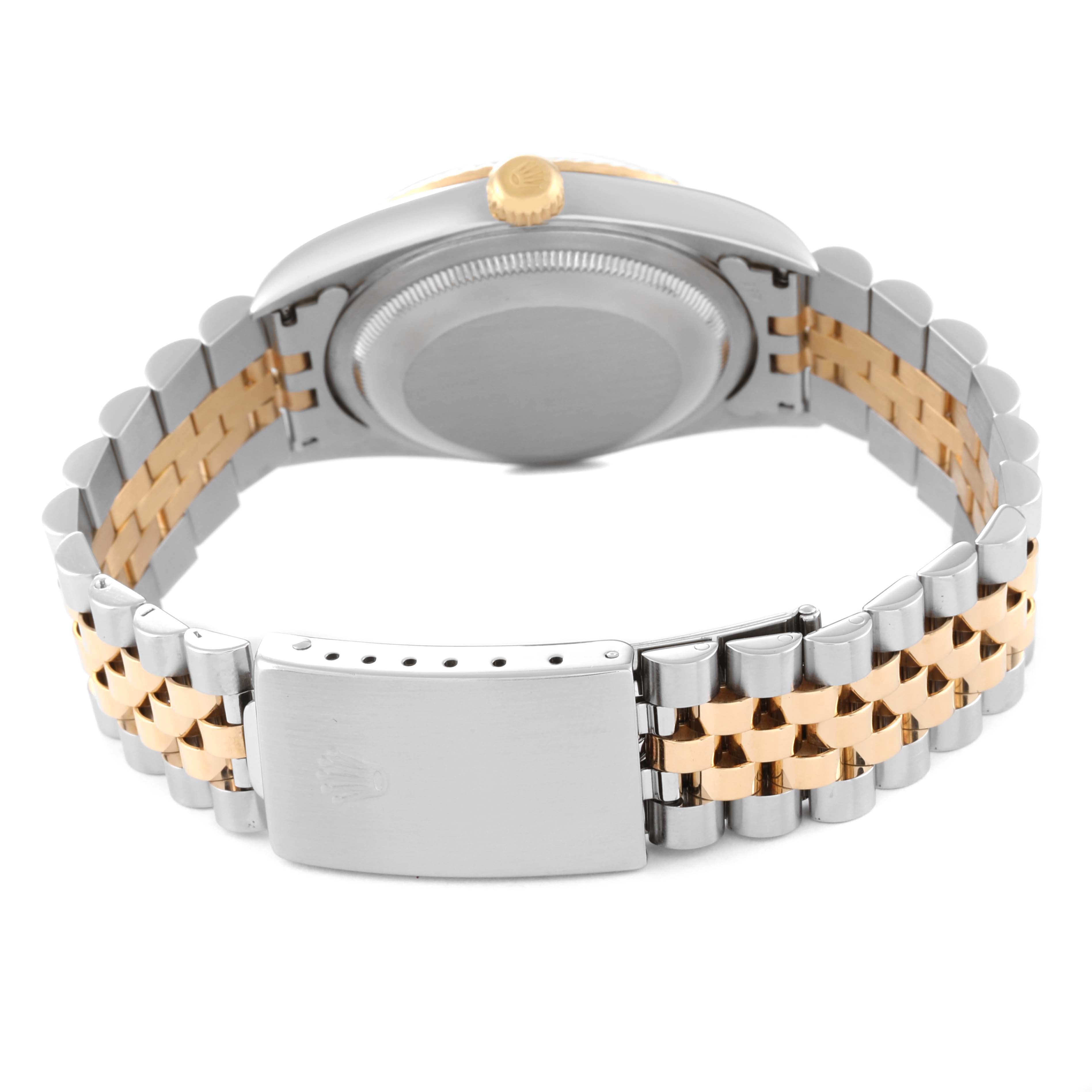 This Rolex Datejust 16233 Men's Steel and Gold (two tone) Black Dial 16233 Men's Steel and Gold (two tone) Black Dial watch is shown from the rear, highlighting its case back, crown, and two-tone Jubilee bracelet with clasp.