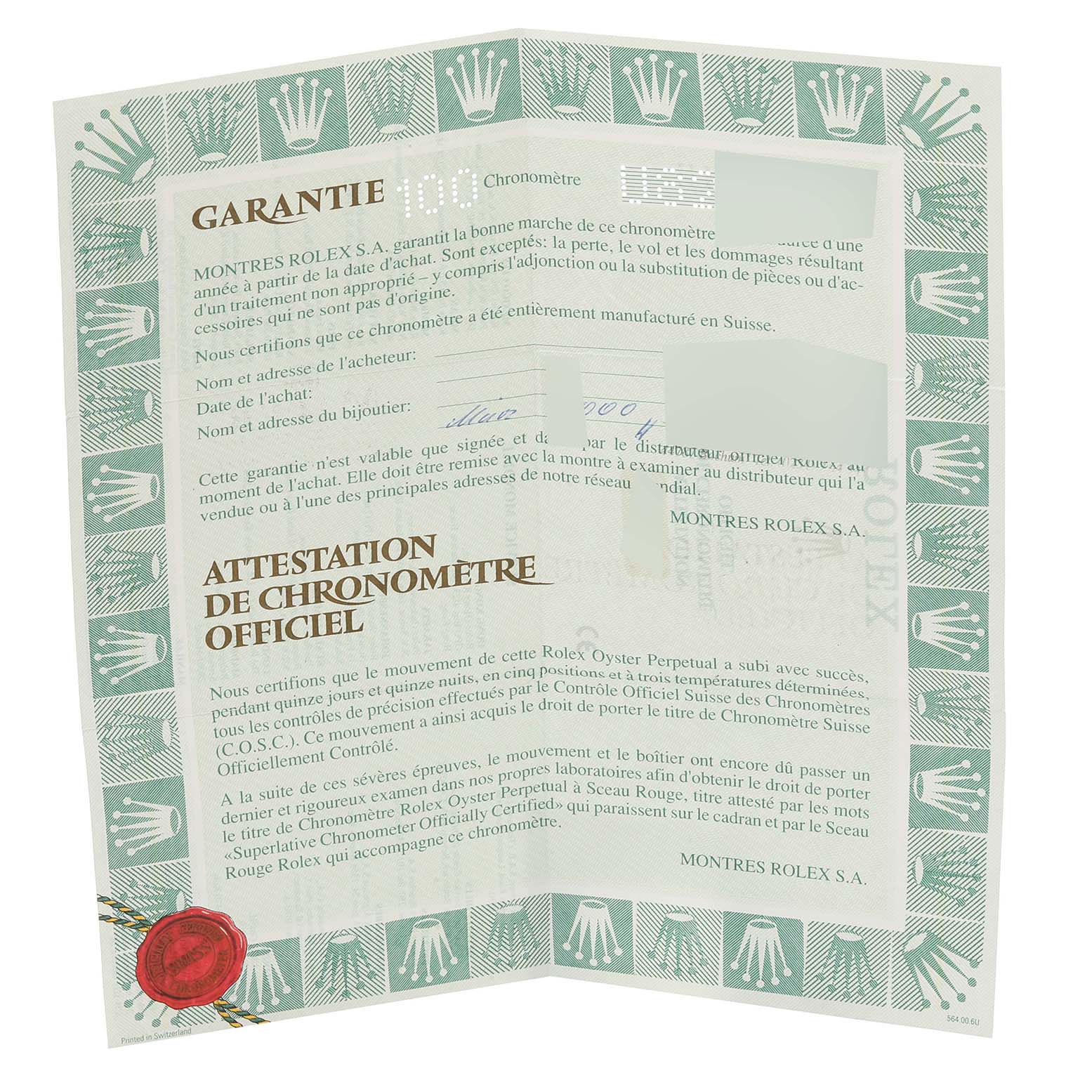 The image shows the warranty and chronometer certification document for a Rolex Datejust 16233 Men's Steel and Gold (two tone) Black Dial 16233 Men's Steel and Gold (two tone) Black Dial watch.