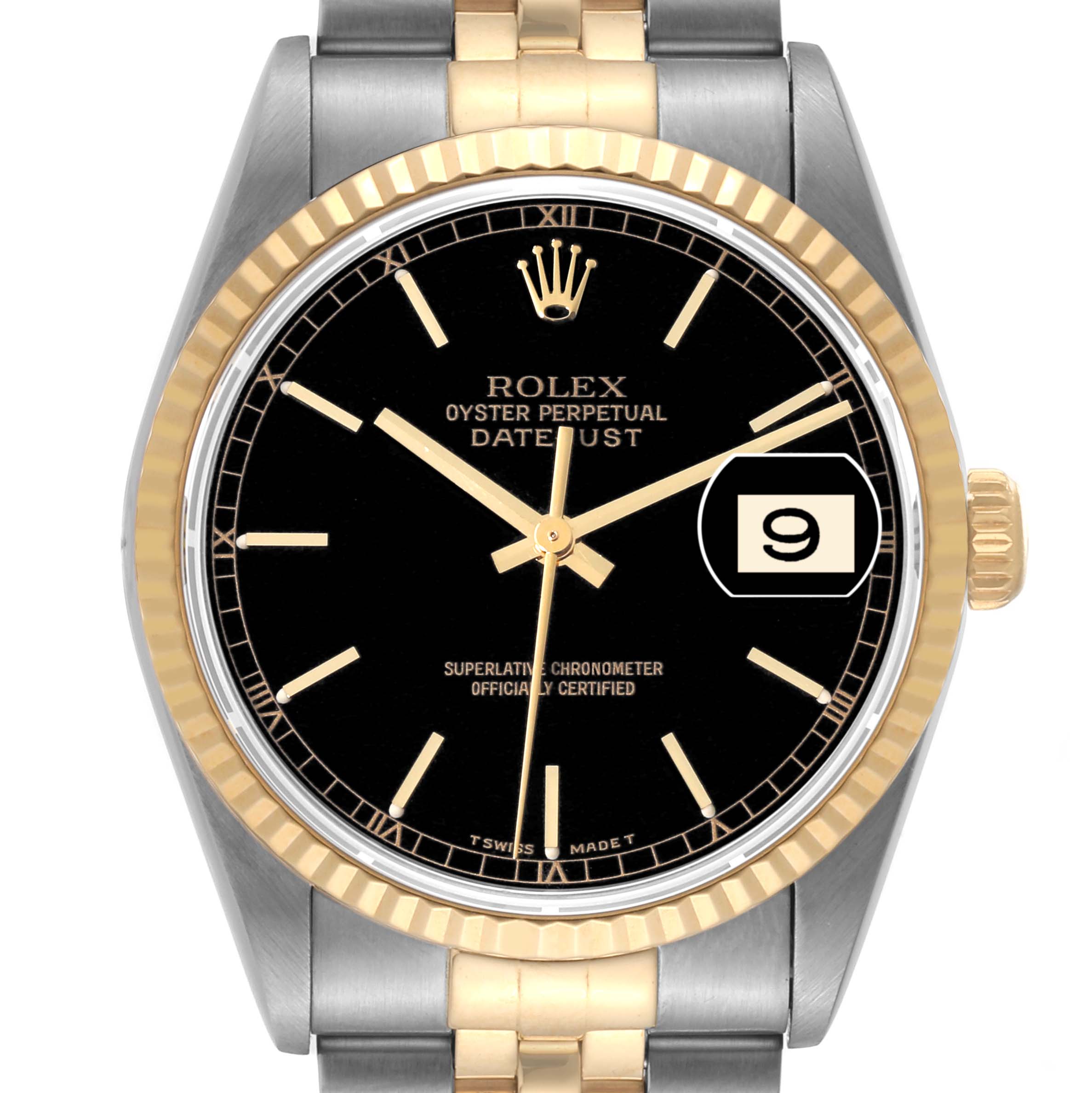 This image shows a front view of the Rolex Datejust 16233 Men's Steel and Gold (two tone) Black Dial 16233 Men's Steel and Gold (two tone) Black Dial watch, featuring the dial, bezel, hands, date window, and part of the bracelet.
