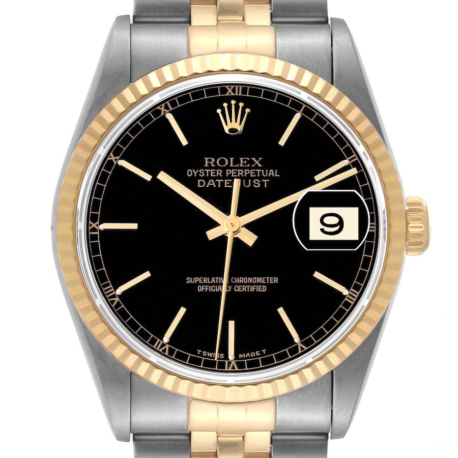 Rolex Datejust Steel Yellow Gold Black Dial Mens Watch 16233 Box Papers SwissWatchExpo