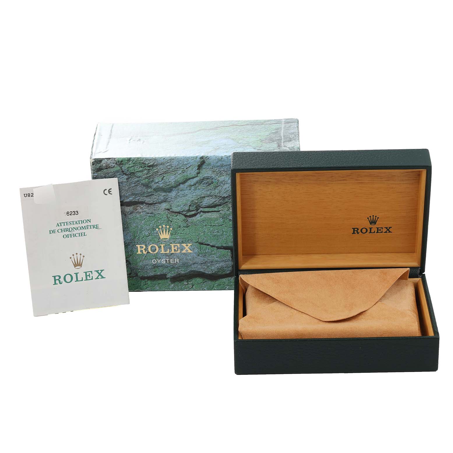 The image shows the Rolex Datejust 16233 Men's Steel and Gold (two tone) Black Dial 16233 Men's Steel and Gold (two tone) Black Dial watch packaging, including an outer box, inner wooden box, and official chronometer certification.