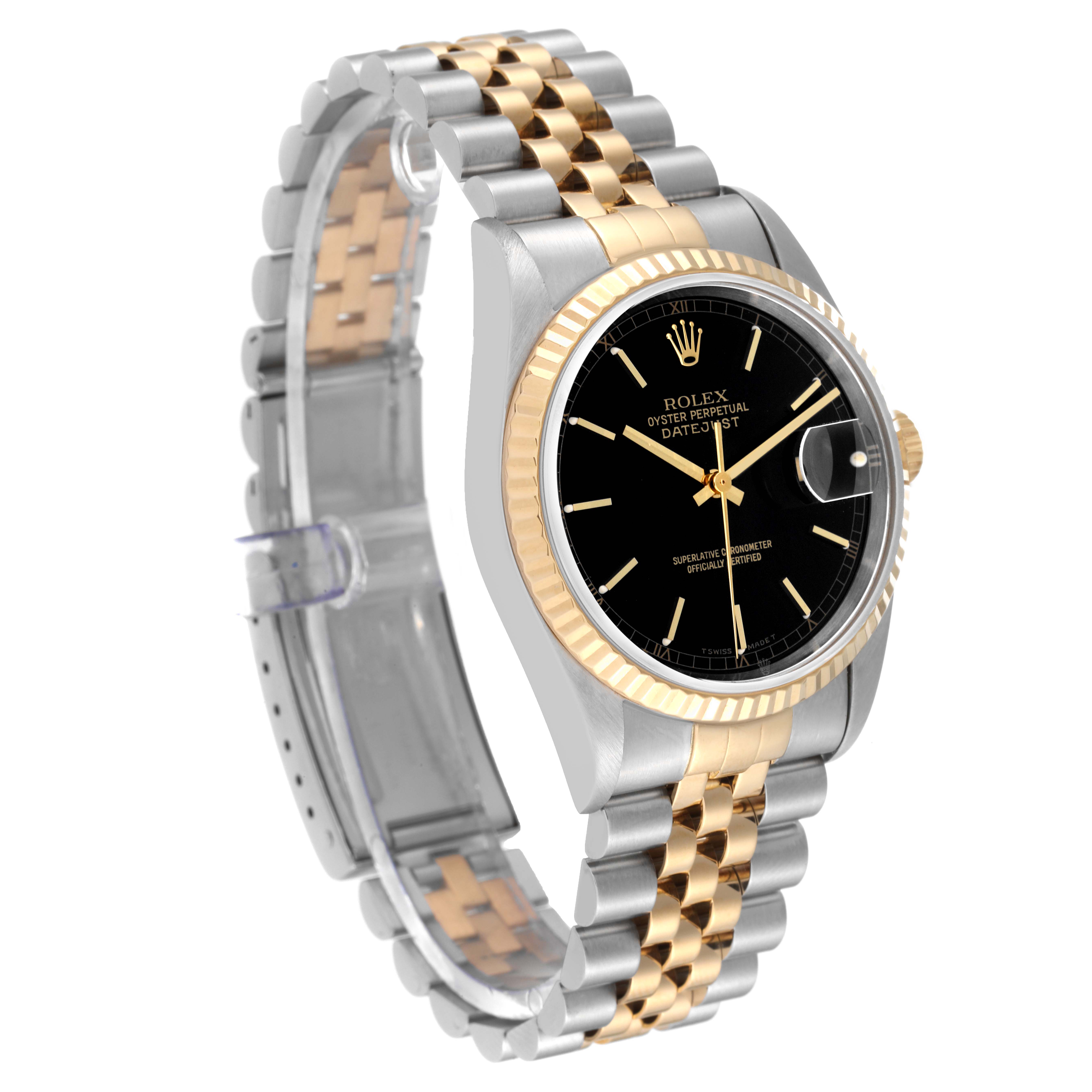 The Rolex Datejust 16233 Men's Steel and Gold (two tone) Black Dial 16233 Men's Steel and Gold (two tone) Black Dial watch is shown at an oblique angle, displaying its black dial, gold bezel, and two-tone bracelet.