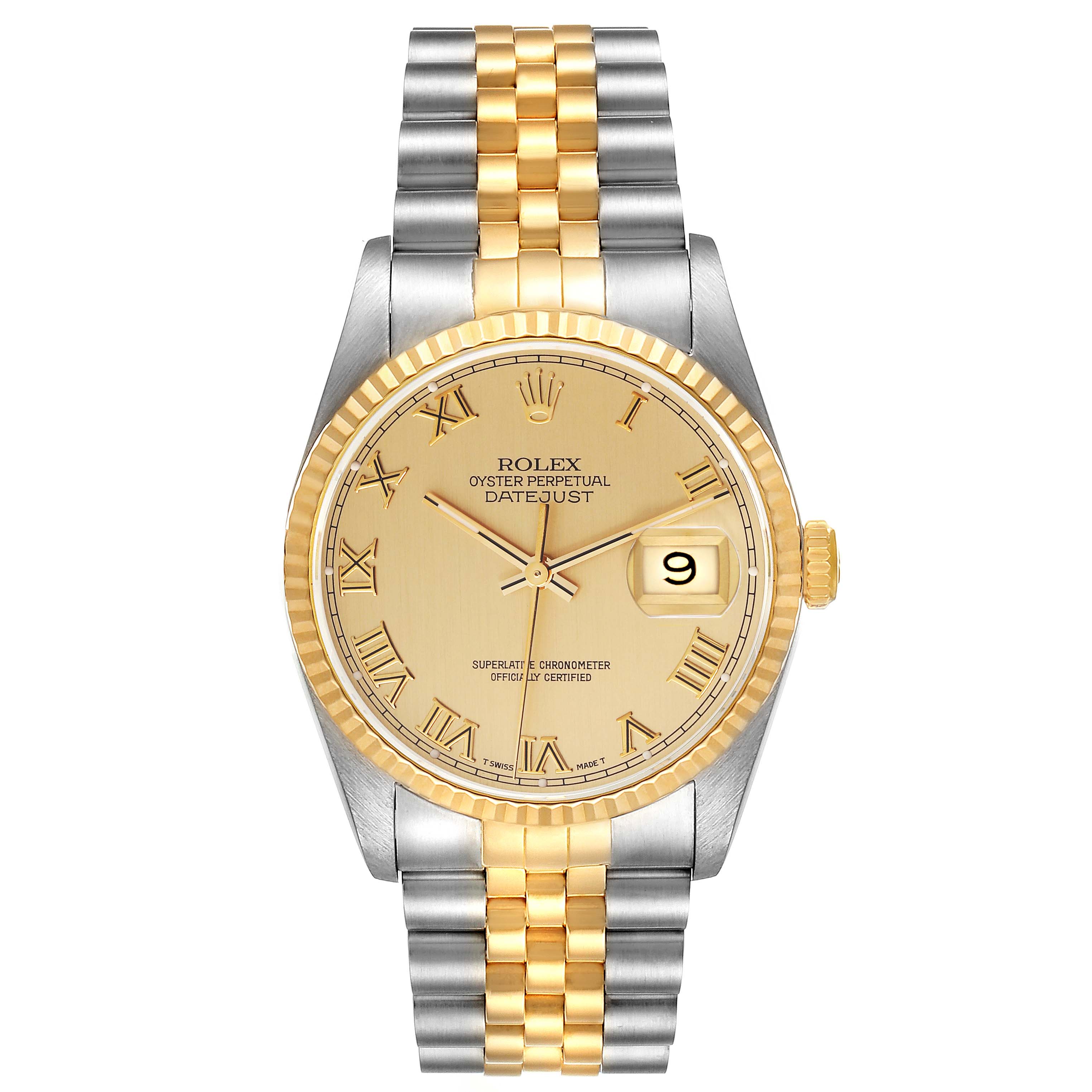 The image shows a front view of the Rolex Datejust 16233 Men's Steel and Gold (two tone) Champagne Dial 16233 Men's Steel and Gold (two tone) Champagne Dial watch, featuring a two-tone bracelet, gold dial, and date window.