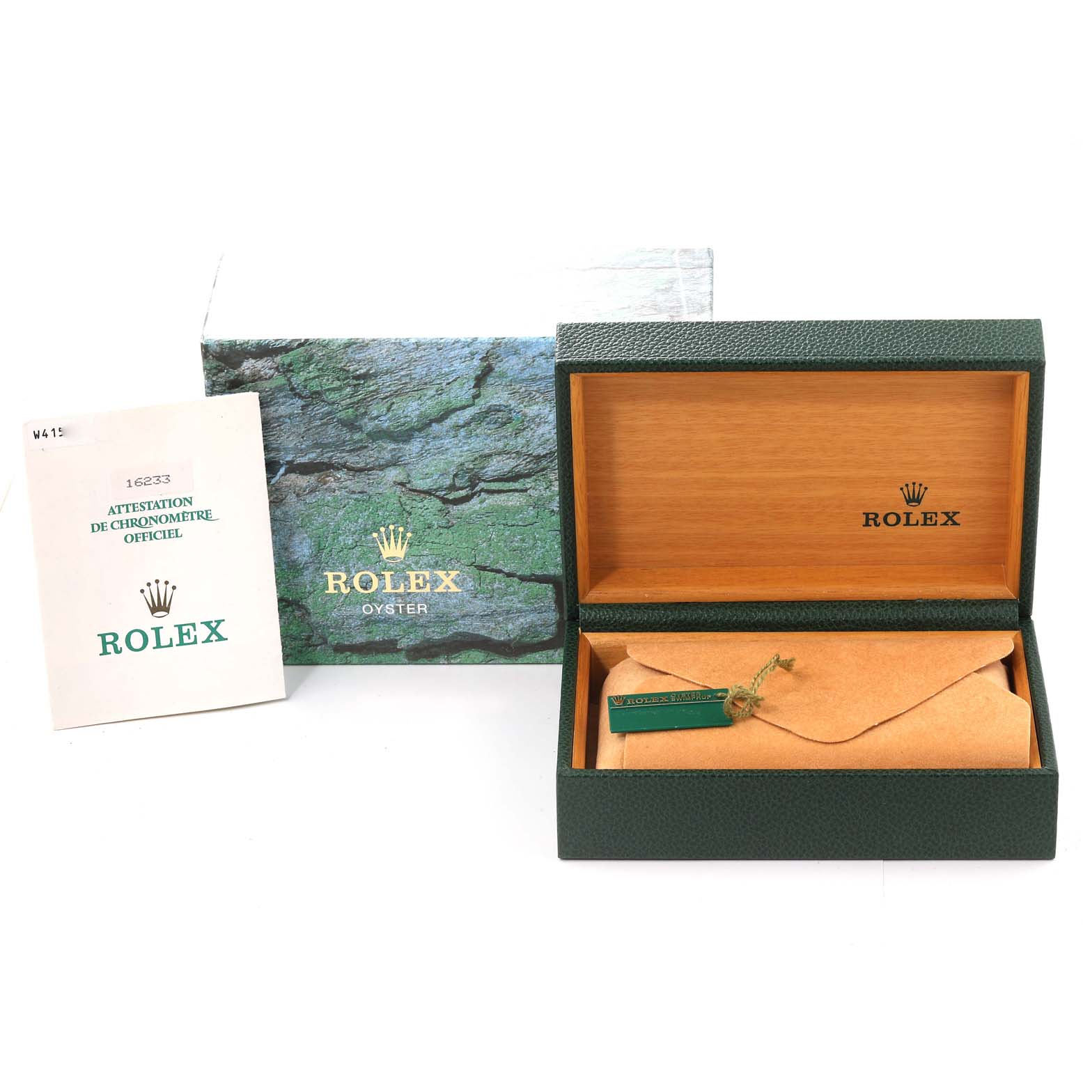 The image shows an open Rolex Datejust 16233 Men's Steel and Gold (two tone) Champagne Dial 16233 Men's Steel and Gold (two tone) Champagne Dial box, an outer box, and a certificate booklet.