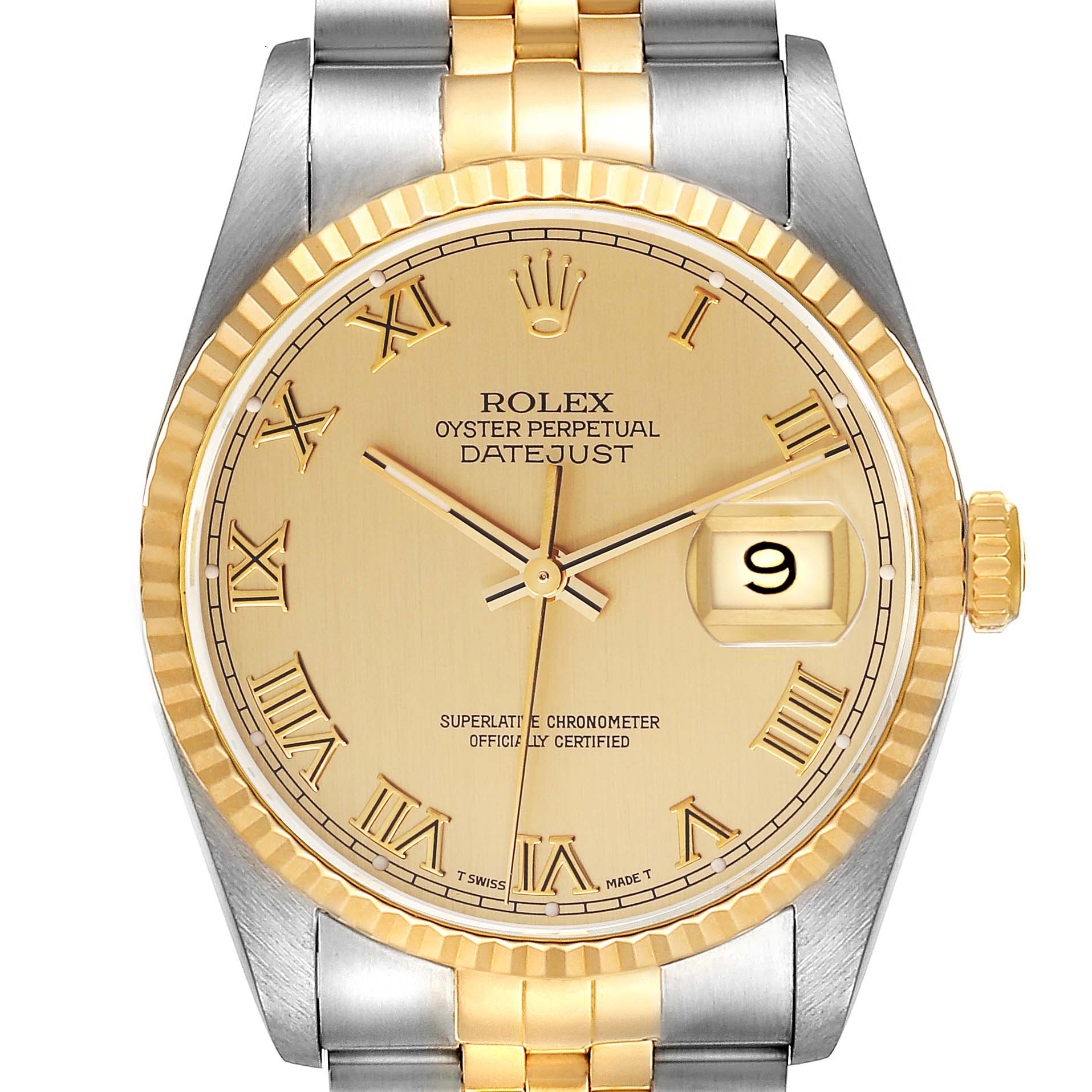 This image shows the face, bezel, and part of the bracelet of a Rolex Datejust 16233 Men's Steel and Gold (two tone) Champagne Dial 16233 Men's Steel and Gold (two tone) Champagne Dial watch from a front angle.