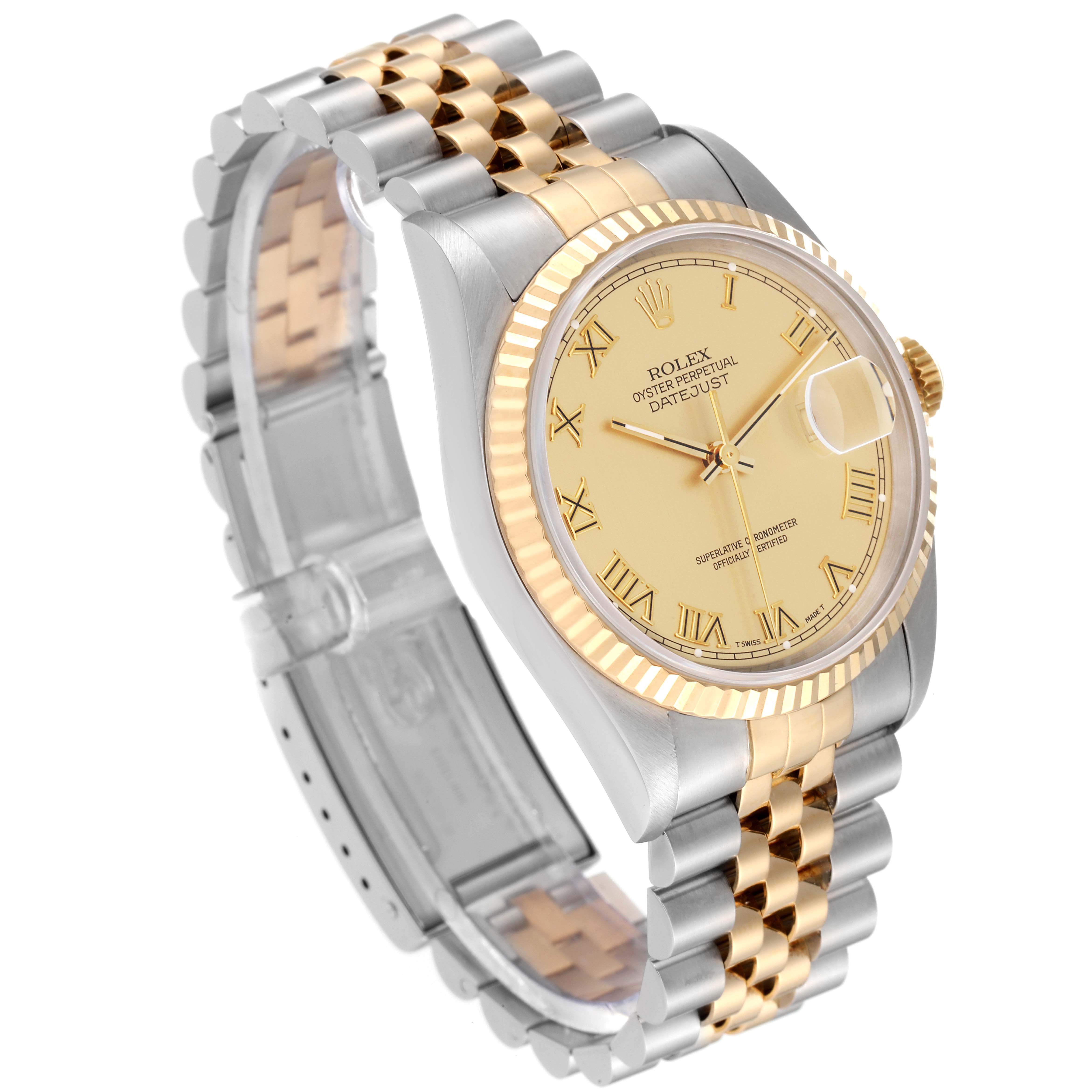 This Rolex Datejust 16233 Men's Steel and Gold (two tone) Champagne Dial 16233 Men's Steel and Gold (two tone) Champagne Dial watch is shown at an angled view, displaying the face, bezel, and partially open bracelet.