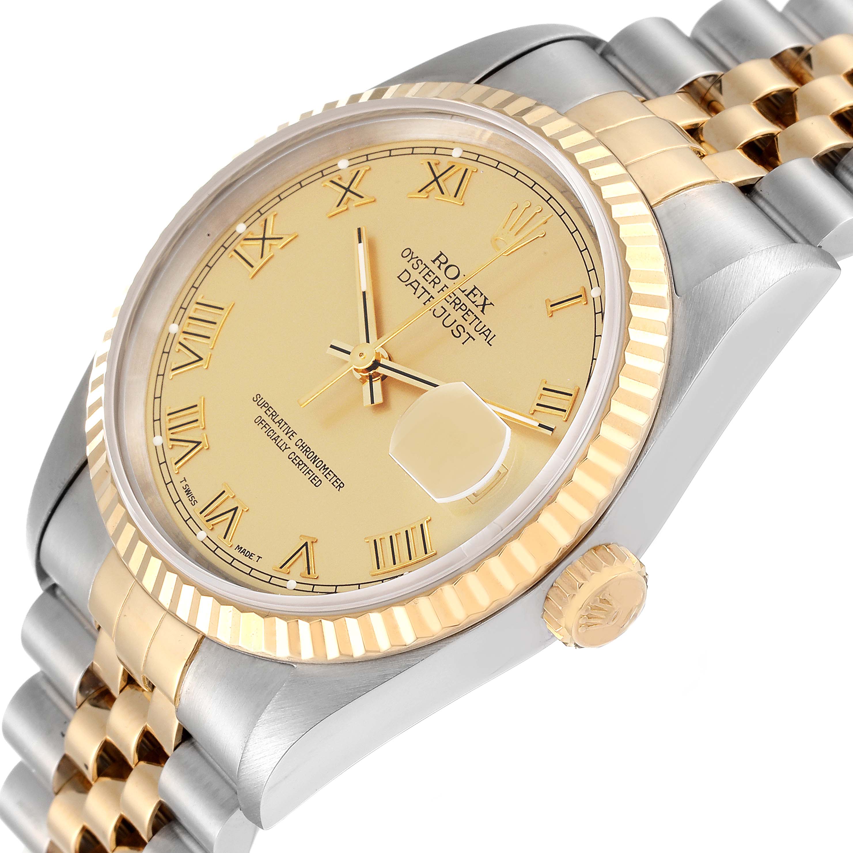 The Rolex Datejust 16233 Men's Steel and Gold (two tone) Champagne Dial 16233 Men's Steel and Gold (two tone) Champagne Dial watch is shown at an angled close-up, displaying the dial, bezel, crown, and part of the bracelet.