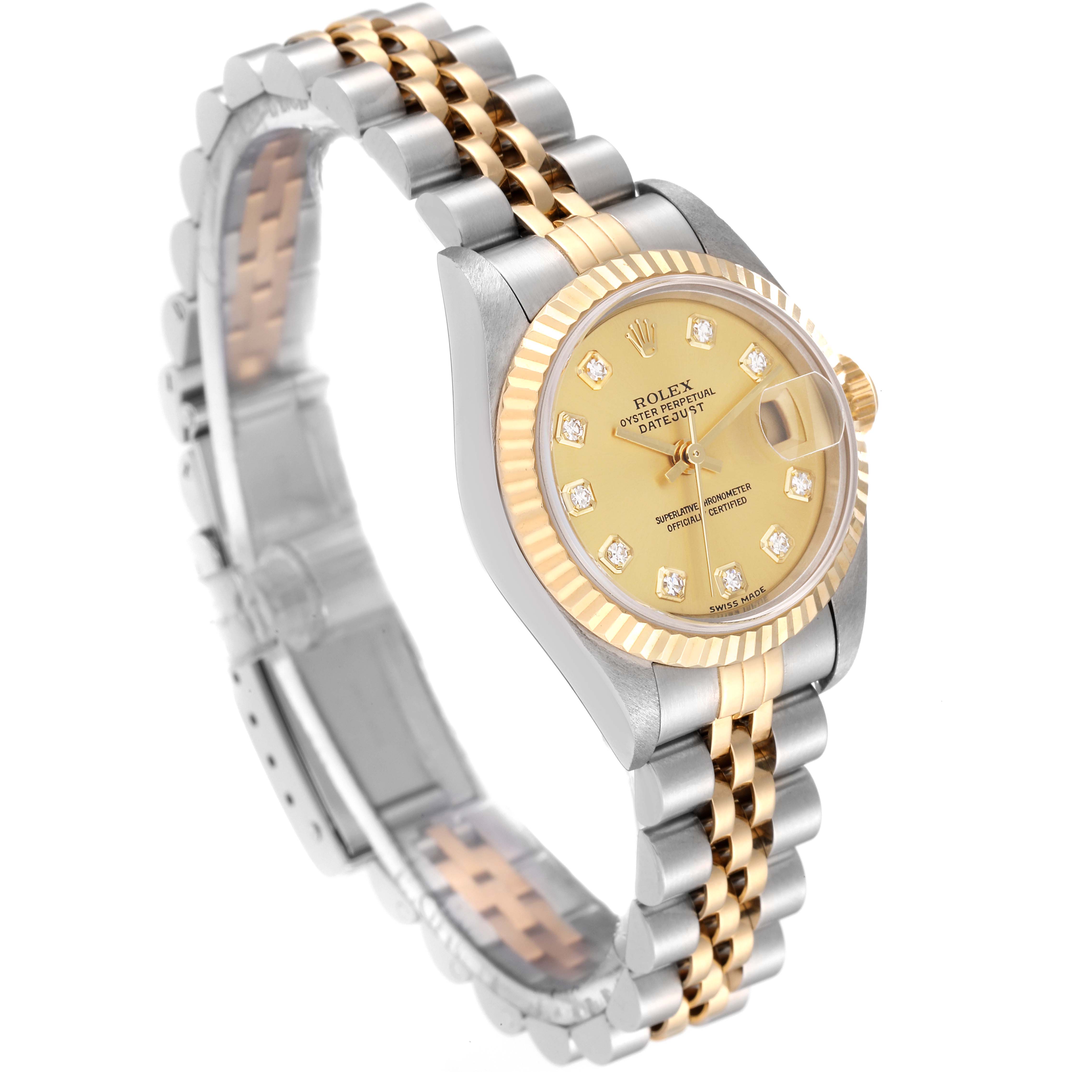 The image shows a side and slightly angled view of a Rolex Datejust 79173 Women's Steel and Gold (two tone) Champagne Dial 79173 Women's Steel and Gold (two tone) Champagne Dial model, highlighting its bracelet, crown, and dial.