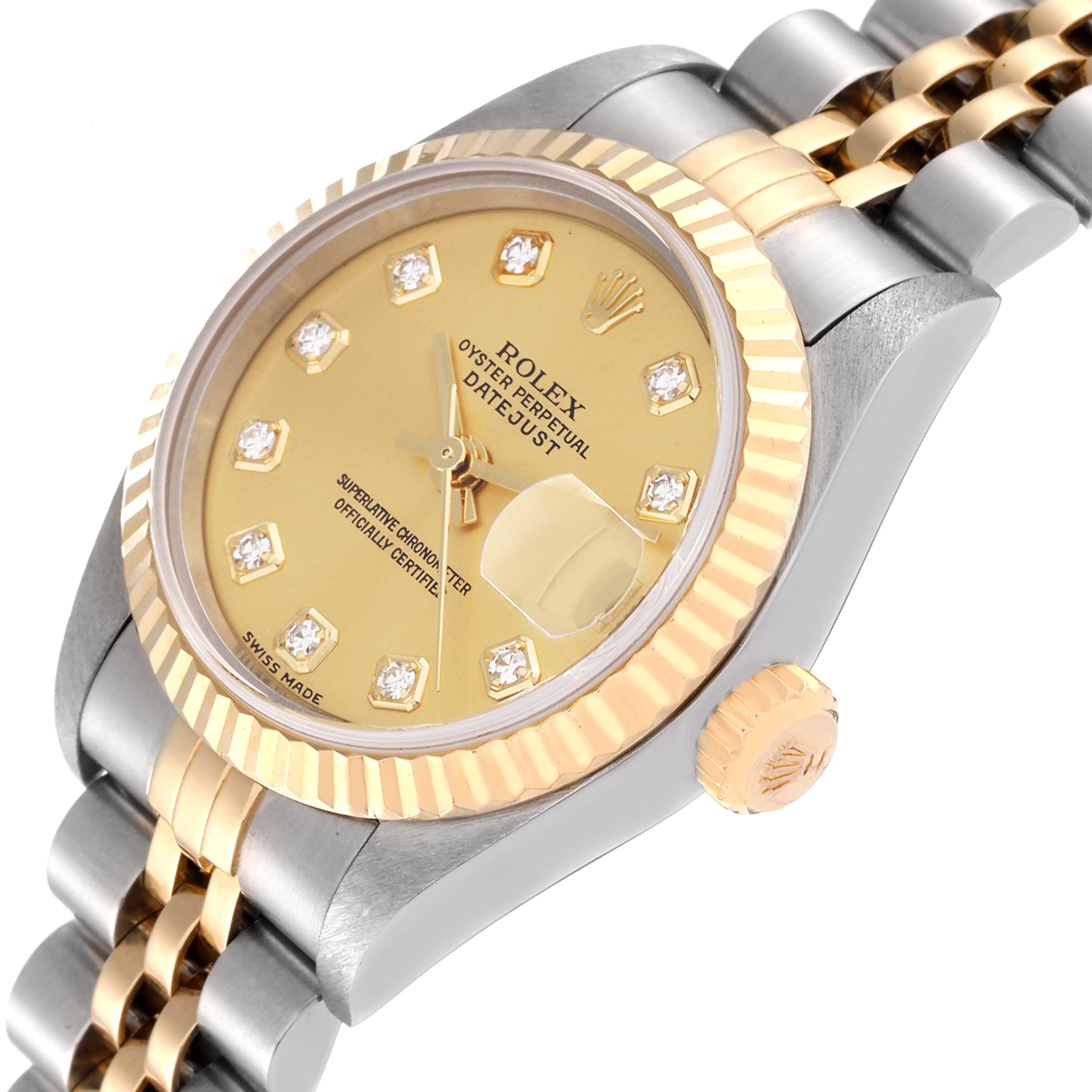 The image shows a Rolex Datejust 79173 Women's Steel and Gold (two tone) Champagne Dial 79173 Women's Steel and Gold (two tone) Champagne Dial watch from an oblique angle, highlighting the dial, bezel, crown, and part of the bracelet.