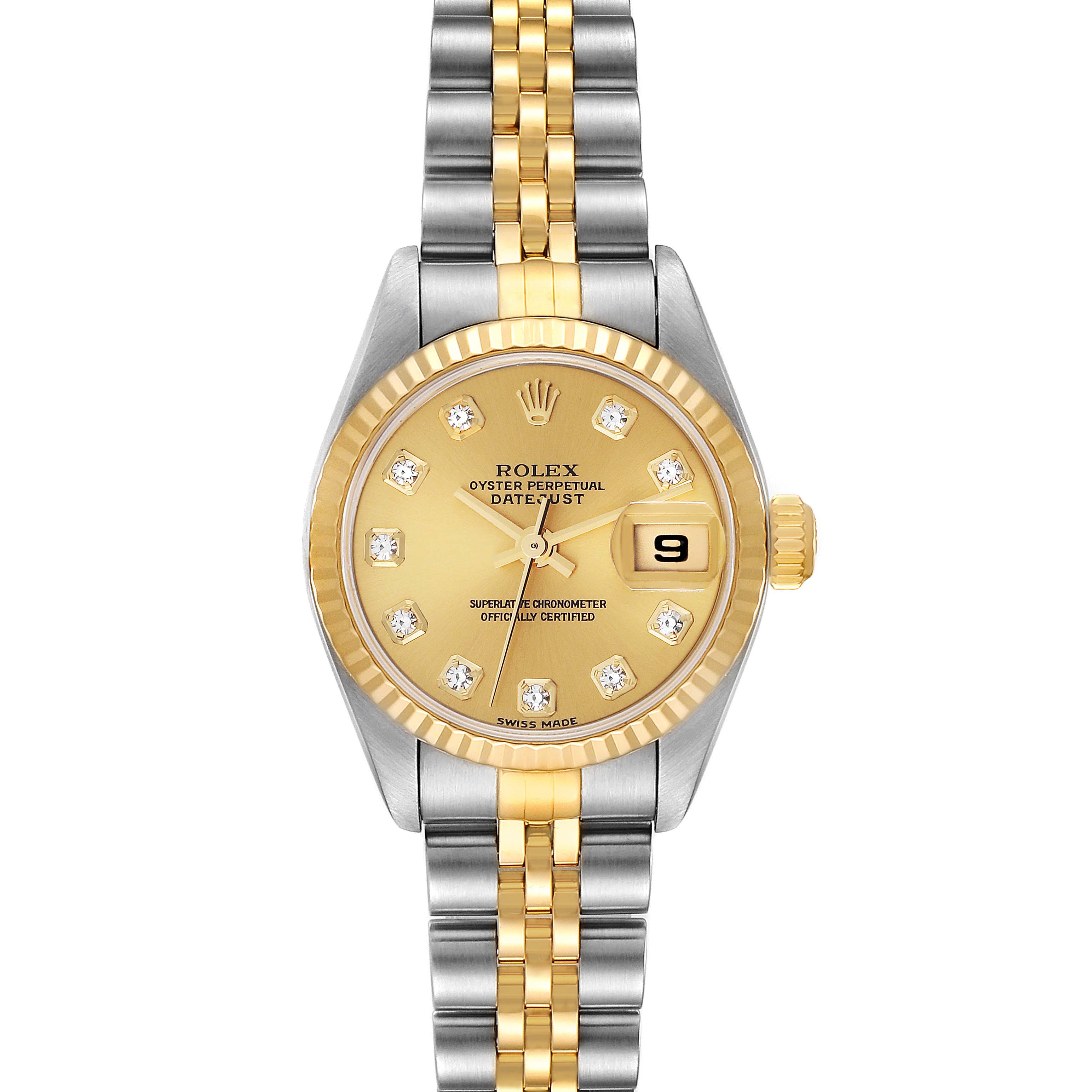The image shows a front view of a Rolex Datejust 79173 Women's Steel and Gold (two tone) Champagne Dial 79173 Women's Steel and Gold (two tone) Champagne Dial model watch, highlighting its gold dial, fluted bezel, and two-tone bracelet.