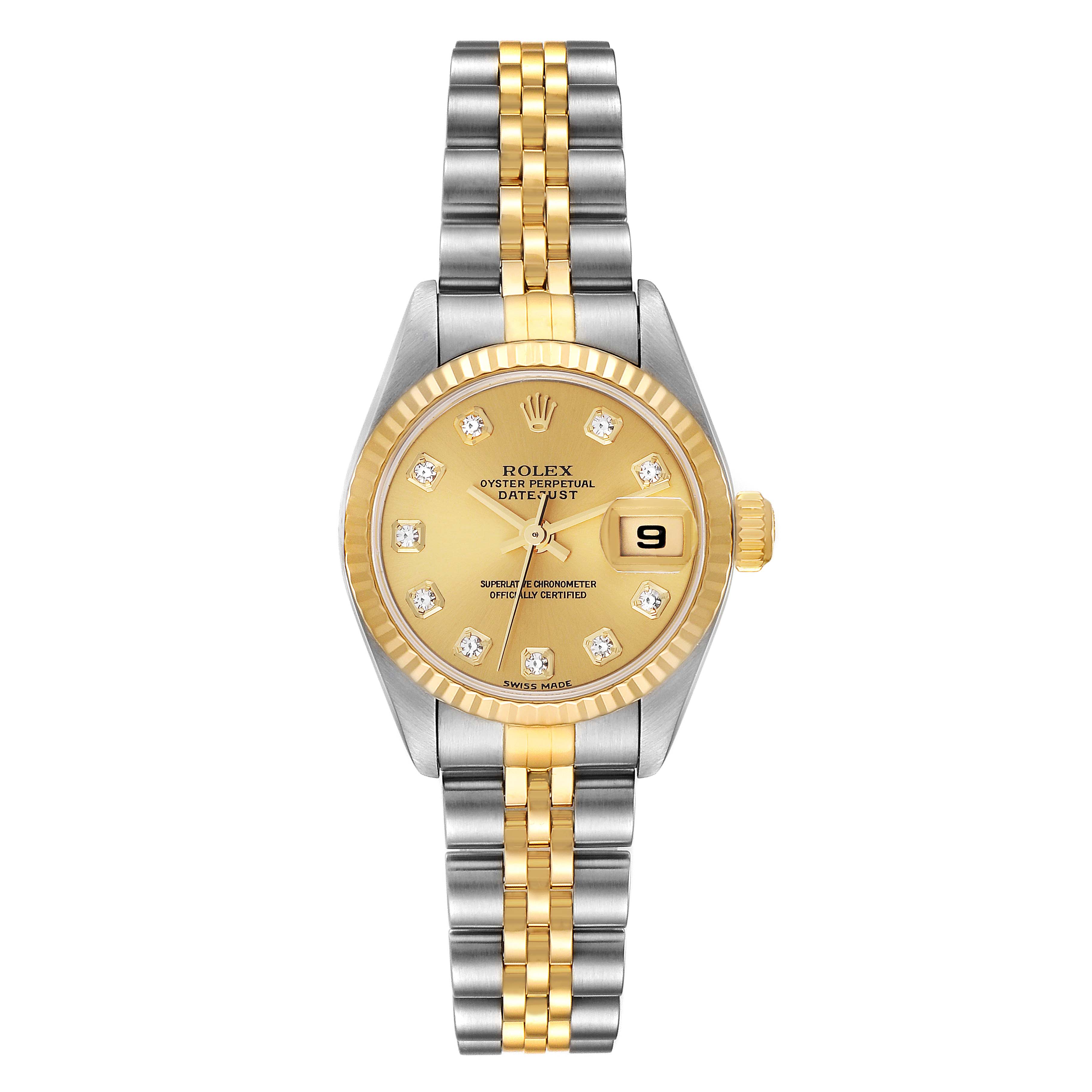 The Rolex Datejust 79173 Women's Steel and Gold (two tone) Champagne Dial 79173 Women's Steel and Gold (two tone) Champagne Dial watch is shown from the front, displaying the dial, case, and two-tone bracelet.