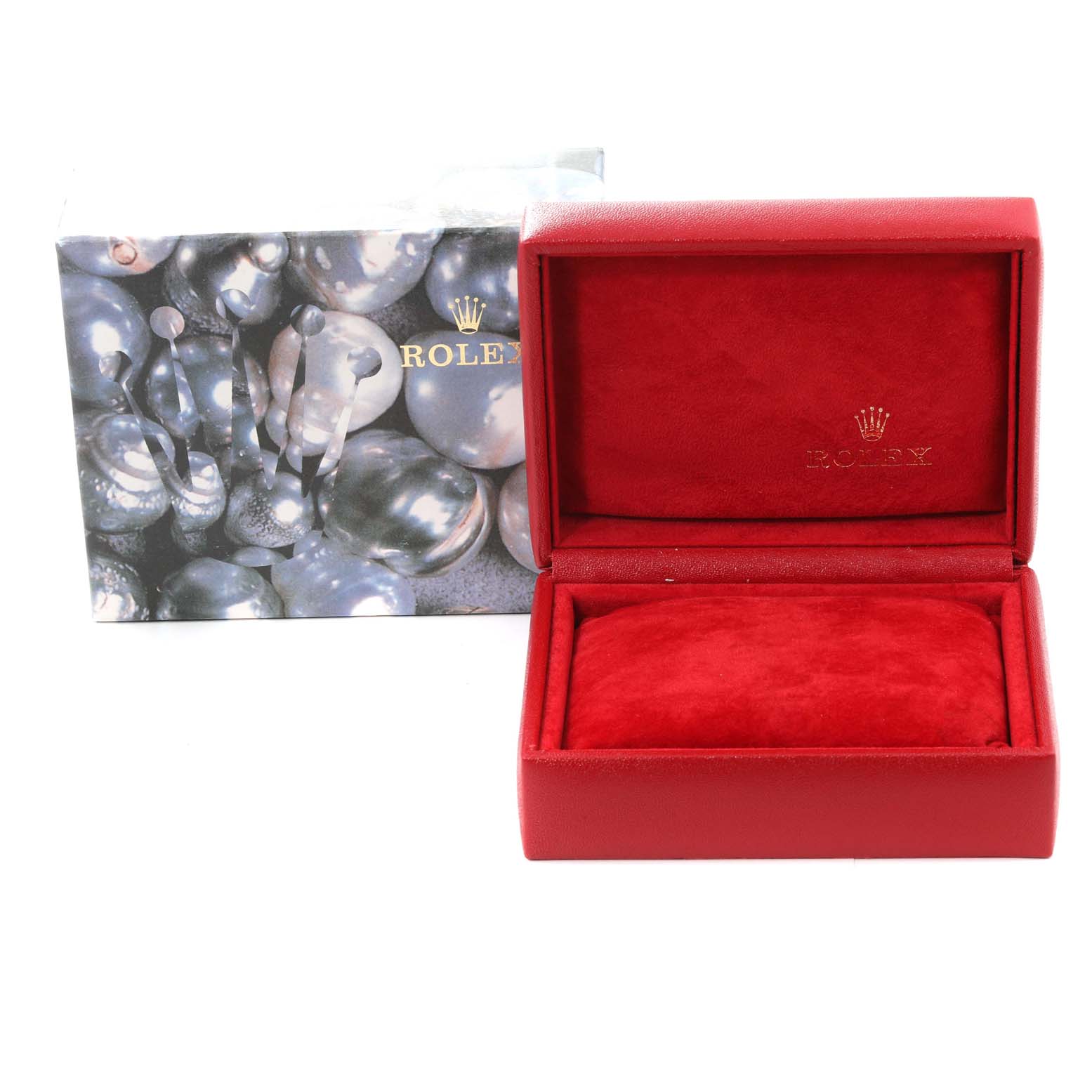 The image shows a red Rolex Datejust 79173 Women's Steel and Gold (two tone) Champagne Dial 79173 Women's Steel and Gold (two tone) Champagne Dial watch box with its lid open and a decorative outer box featuring a pattern of metallic bubbles.