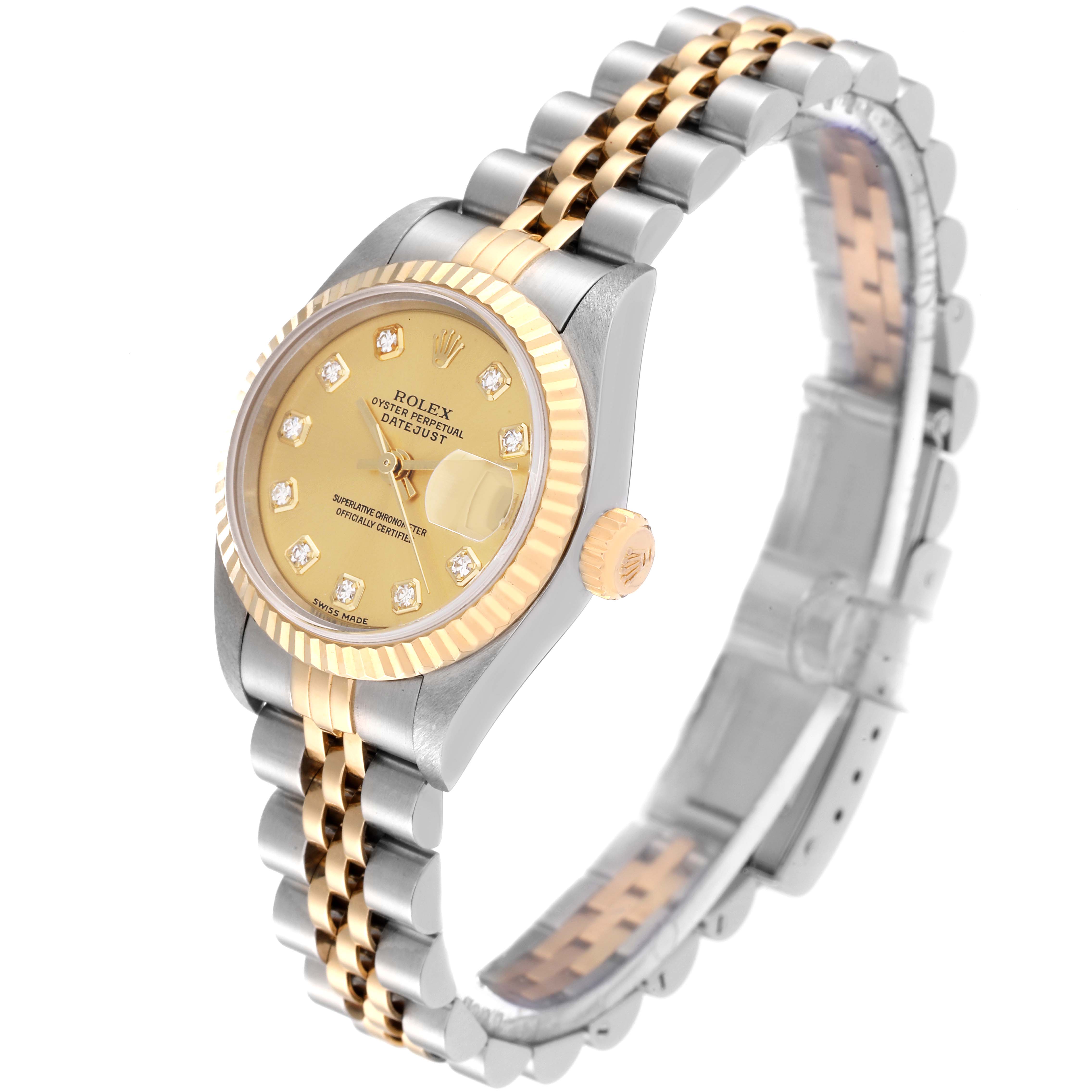 The Rolex Datejust 79173 Women's Steel and Gold (two tone) Champagne Dial 79173 Women's Steel and Gold (two tone) Champagne Dial watch is shown at an angled side view, highlighting the two-tone bracelet, dial, bezel, and crown.
