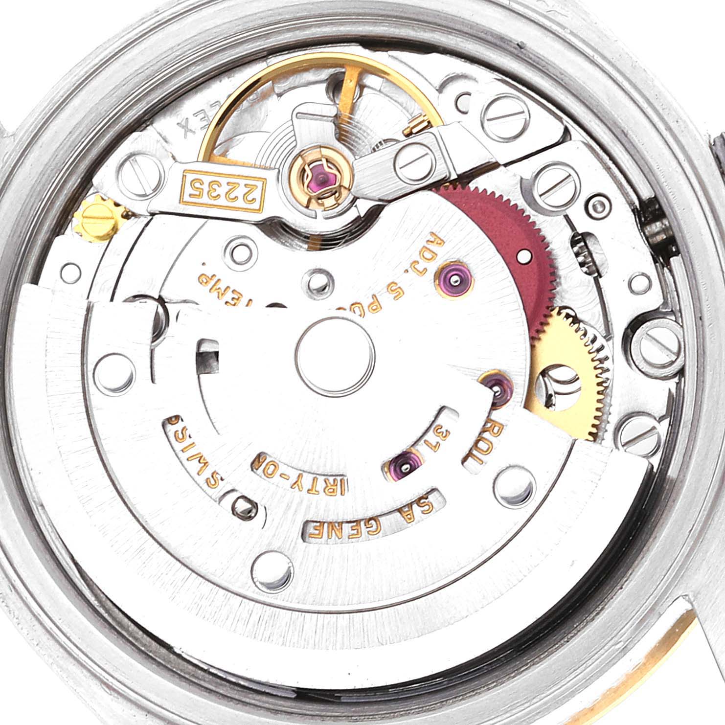 The image shows the intricate internal movement and components of a Rolex Datejust 79173 Women's Steel and Gold (two tone) Champagne Dial 79173 Women's Steel and Gold (two tone) Champagne Dial model watch, viewed from the back.