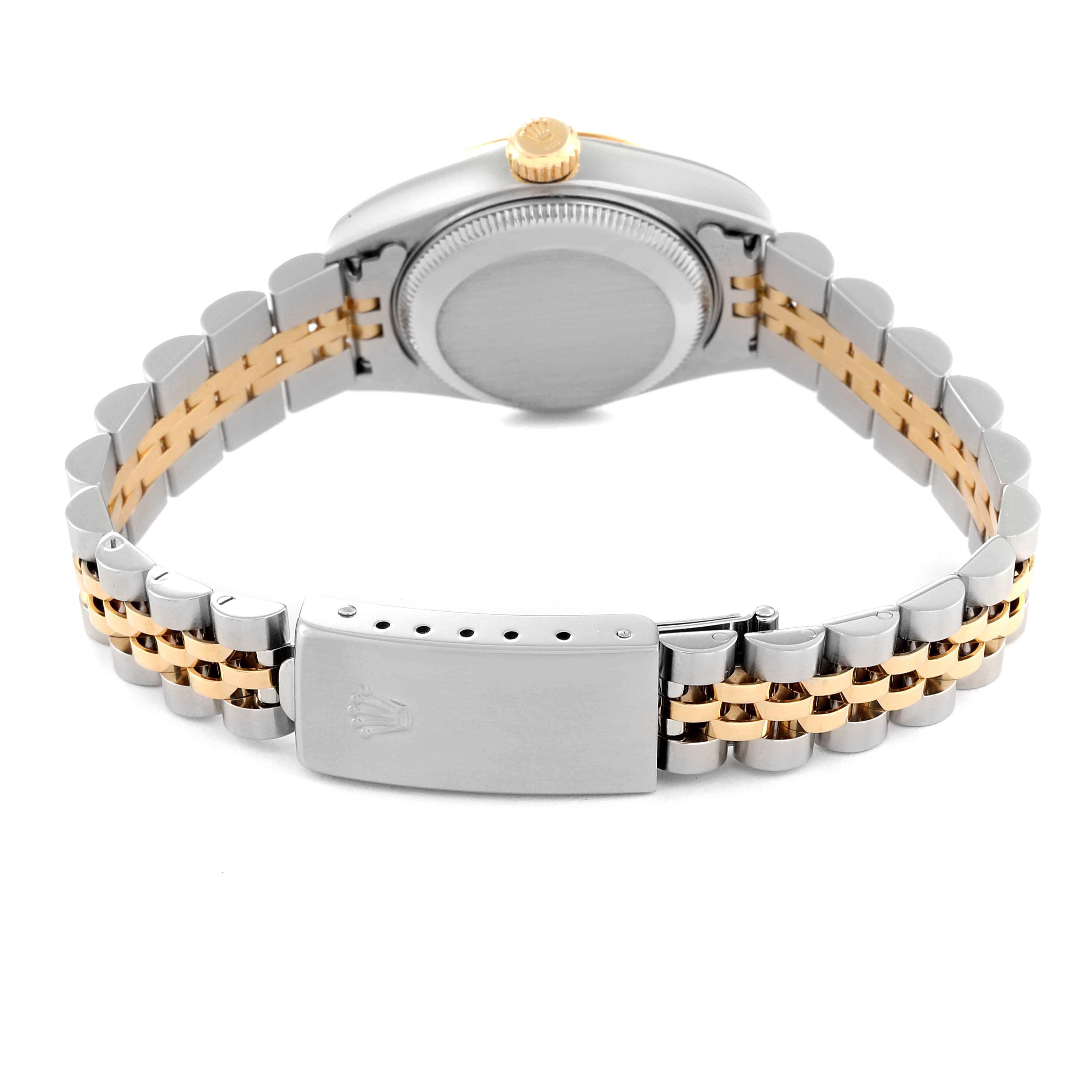 The image shows the back of the Rolex Datejust 79173 Women's Steel and Gold (two tone) Champagne Dial 79173 Women's Steel and Gold (two tone) Champagne Dial watch, highlighting the case back, crown, and two-tone bracelet with clasp.