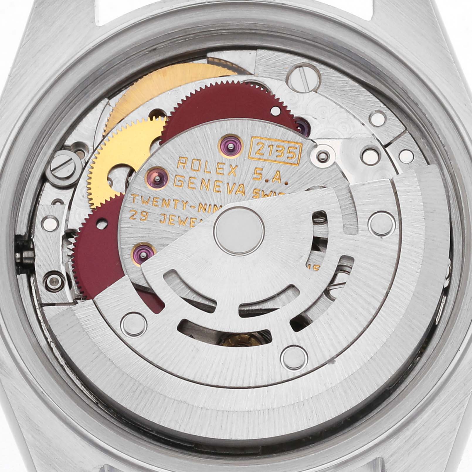 This image shows the movement of a Rolex Datejust 69173 Women's Steel and Gold (two tone) White Dial 69173 Women's Steel and Gold (two tone) White Dial watch, viewed from the back, highlighting gears and components.