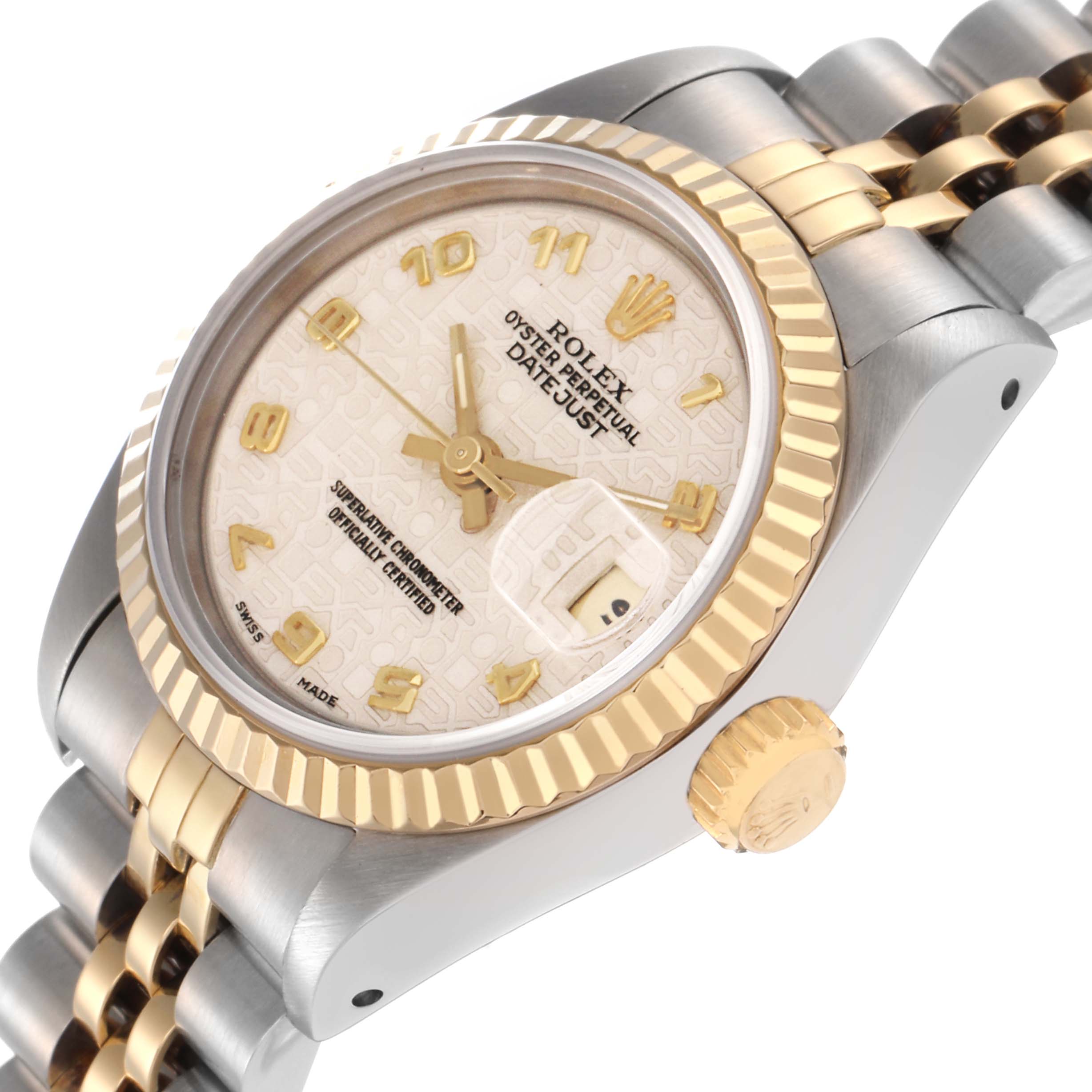 The Rolex Datejust 69173 Women's Steel and Gold (two tone) White Dial 69173 Women's Steel and Gold (two tone) White Dial watch is shown at a slight angle, highlighting the face, bezel, and part of the metal bracelet.