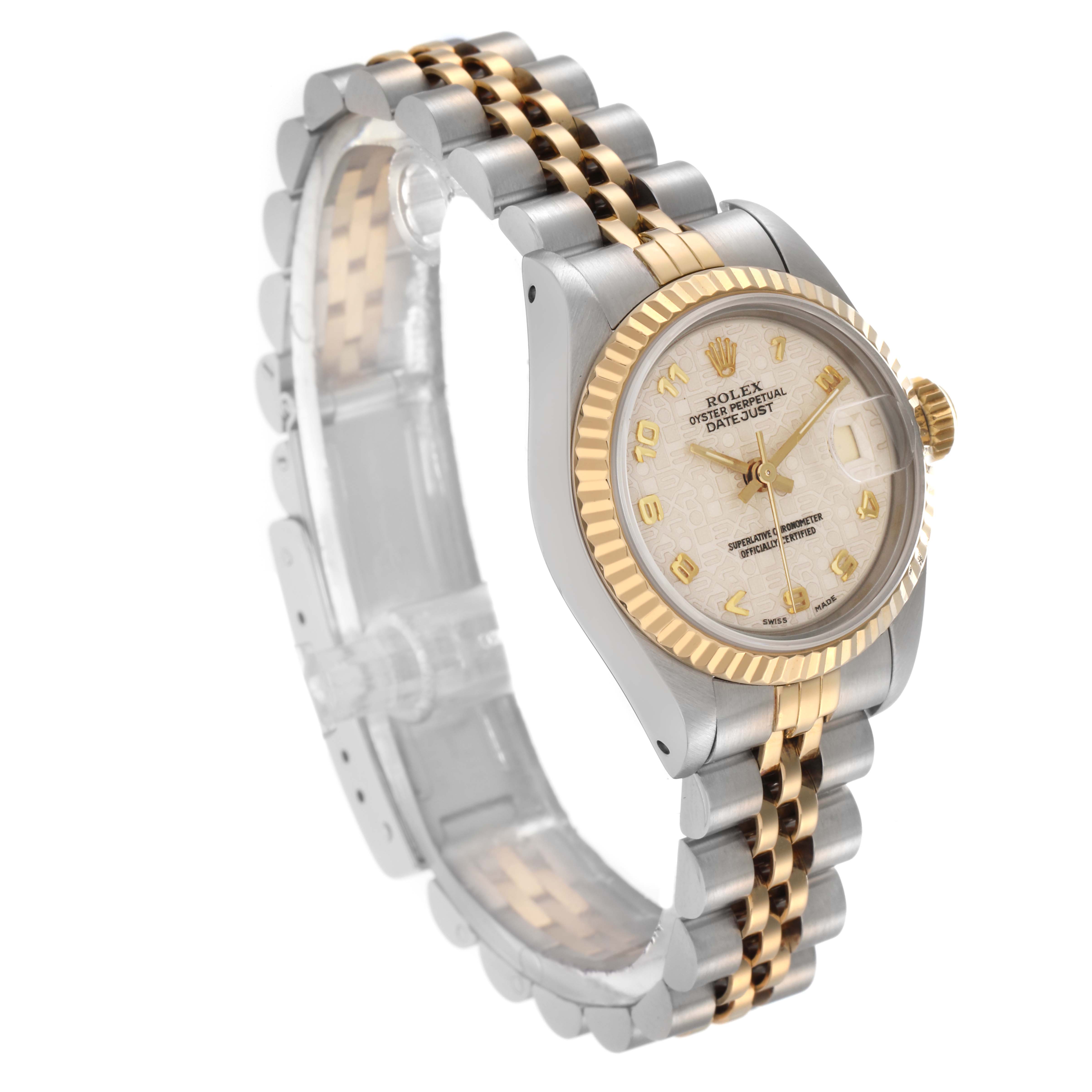 The Rolex Datejust 69173 Women's Steel and Gold (two tone) White Dial 69173 Women's Steel and Gold (two tone) White Dial watch is shown at a slight angle, highlighting the face, bezel, crown, and alternating metal band.