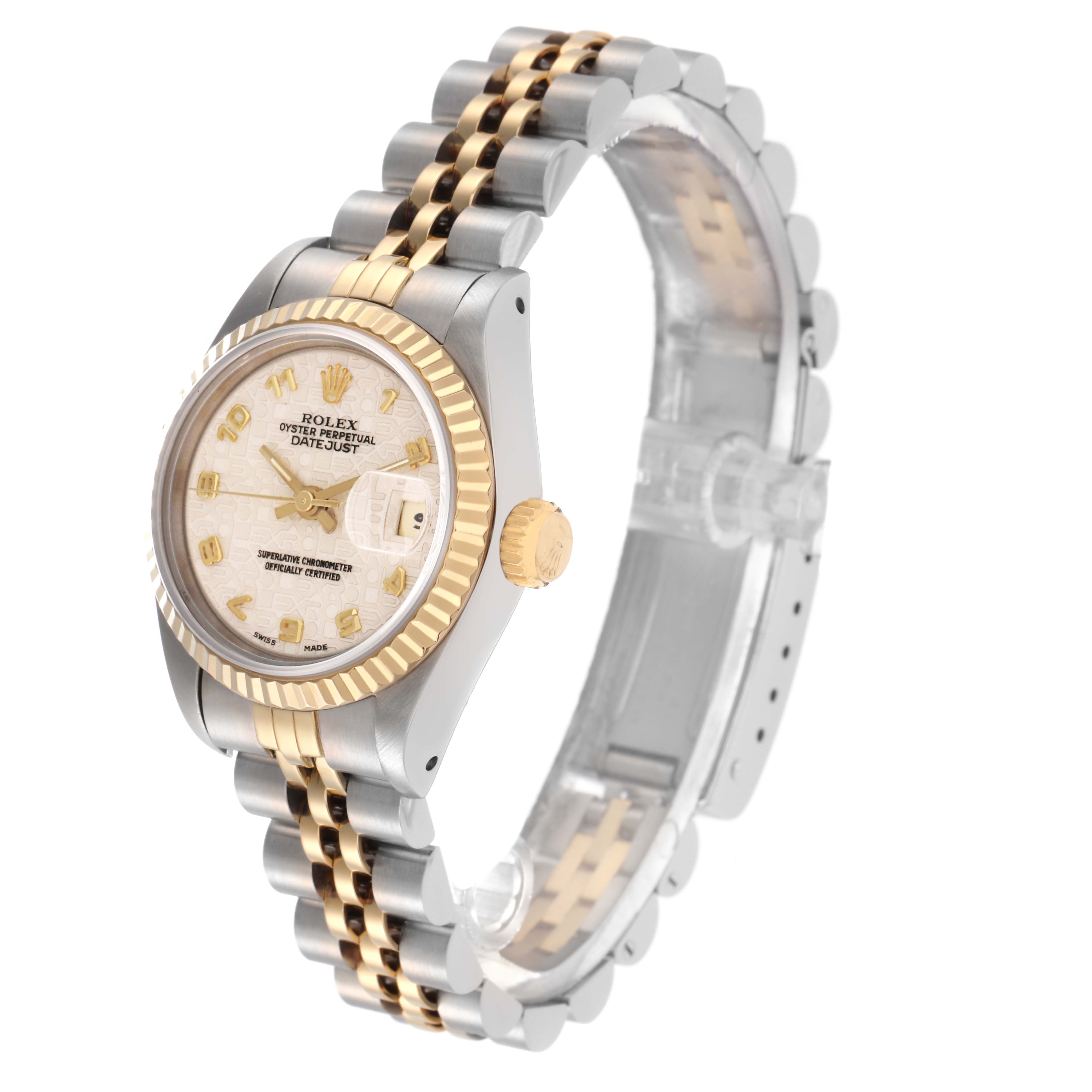 The Rolex Datejust 69173 Women's Steel and Gold (two tone) White Dial 69173 Women's Steel and Gold (two tone) White Dial watch is shown at an oblique angle, displaying its face, bezel, crown, and two-tone bracelet.