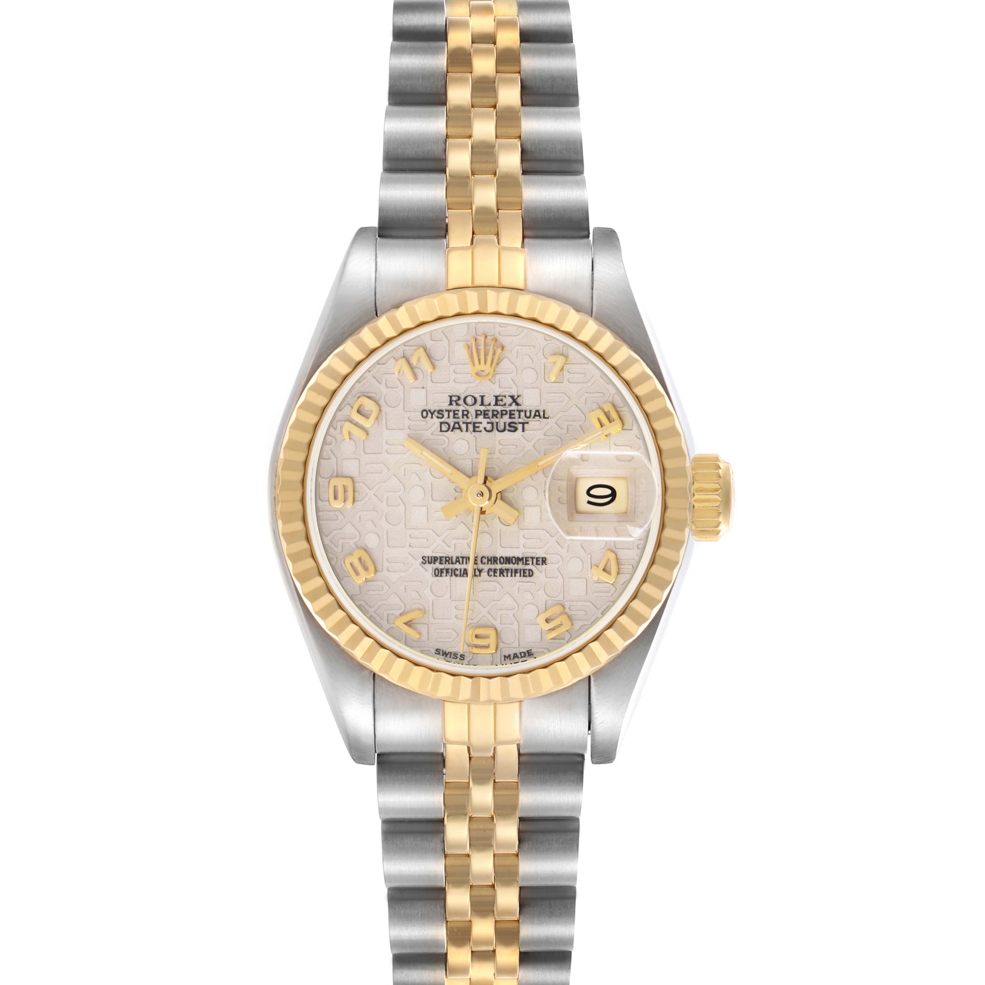 The Rolex Datejust 69173 Women's Steel and Gold (two tone) White Dial 69173 Women's Steel and Gold (two tone) White Dial watch is shown from a top-down angle, highlighting the dial, bezel, and two-tone bracelet.
