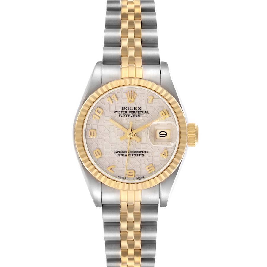 The Rolex Datejust watch is shown from a top-down angle, highlighting the dial, bezel, and two-tone bracelet.