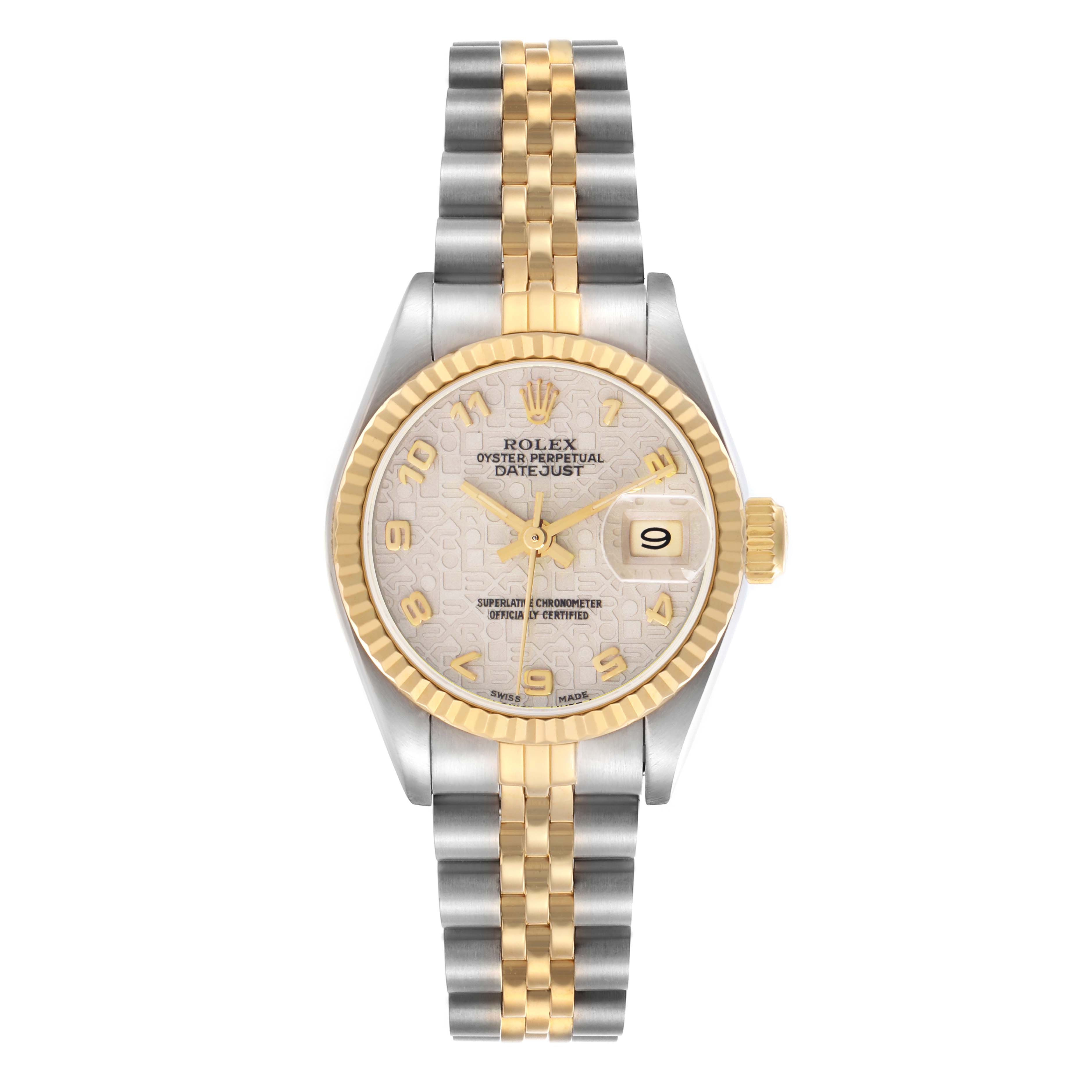 The Rolex Datejust 69173 Women's Steel and Gold (two tone) White Dial 69173 Women's Steel and Gold (two tone) White Dial watch is shown from the front, displaying the dial, bezel, hour markers, hands, date window, and bracelet.