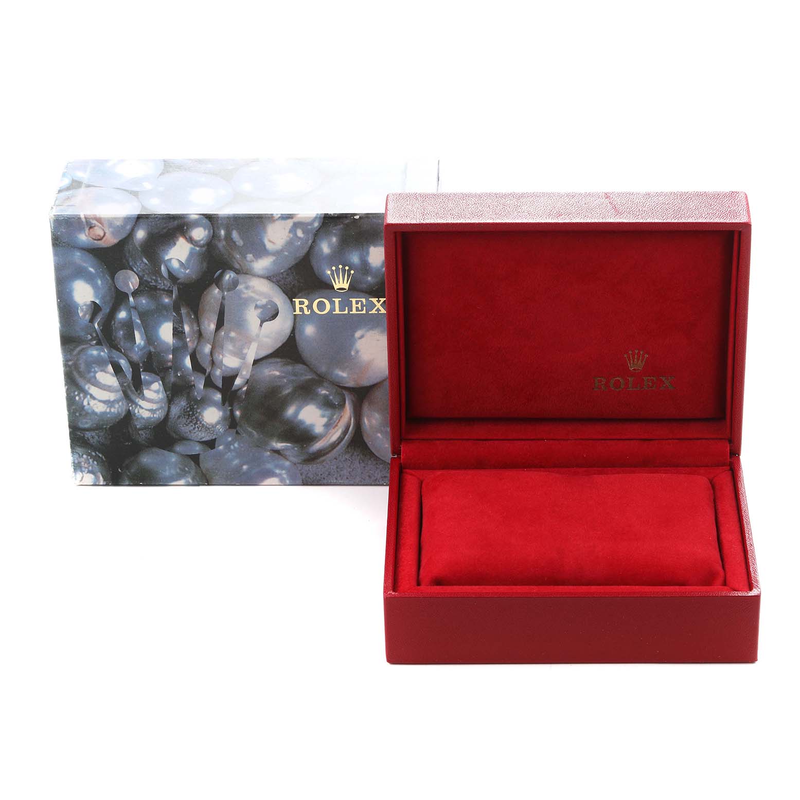 The image shows a Rolex Datejust 69173 Women's Steel and Gold (two tone) White Dial 69173 Women's Steel and Gold (two tone) White Dial watch box with its open red interior and the outer packaging beside it.