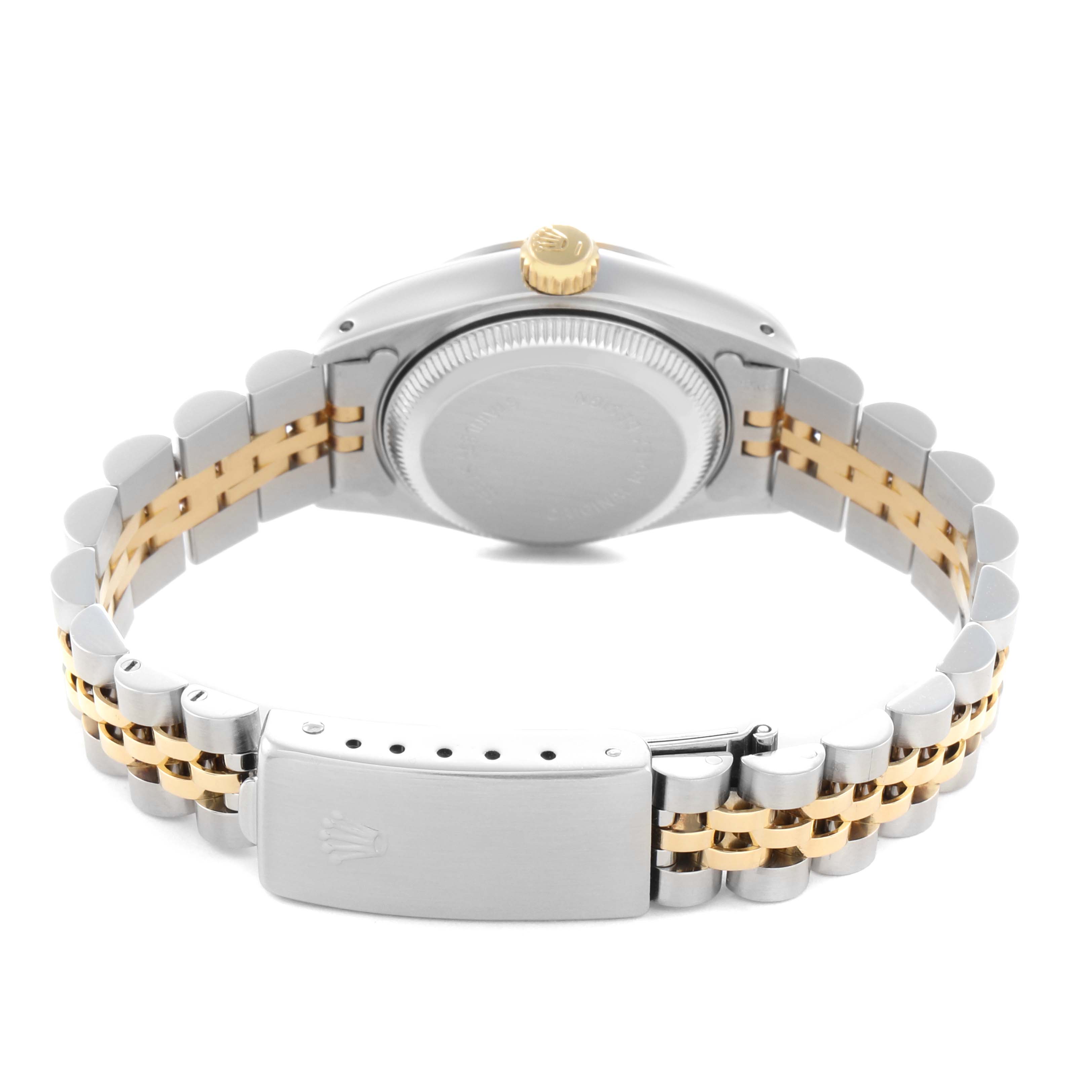 The image shows the back of the Rolex Datejust 69173 Women's Steel and Gold (two tone) White Dial 69173 Women's Steel and Gold (two tone) White Dial, highlighting the case back, crown, and Jubilee bracelet with a clasp.