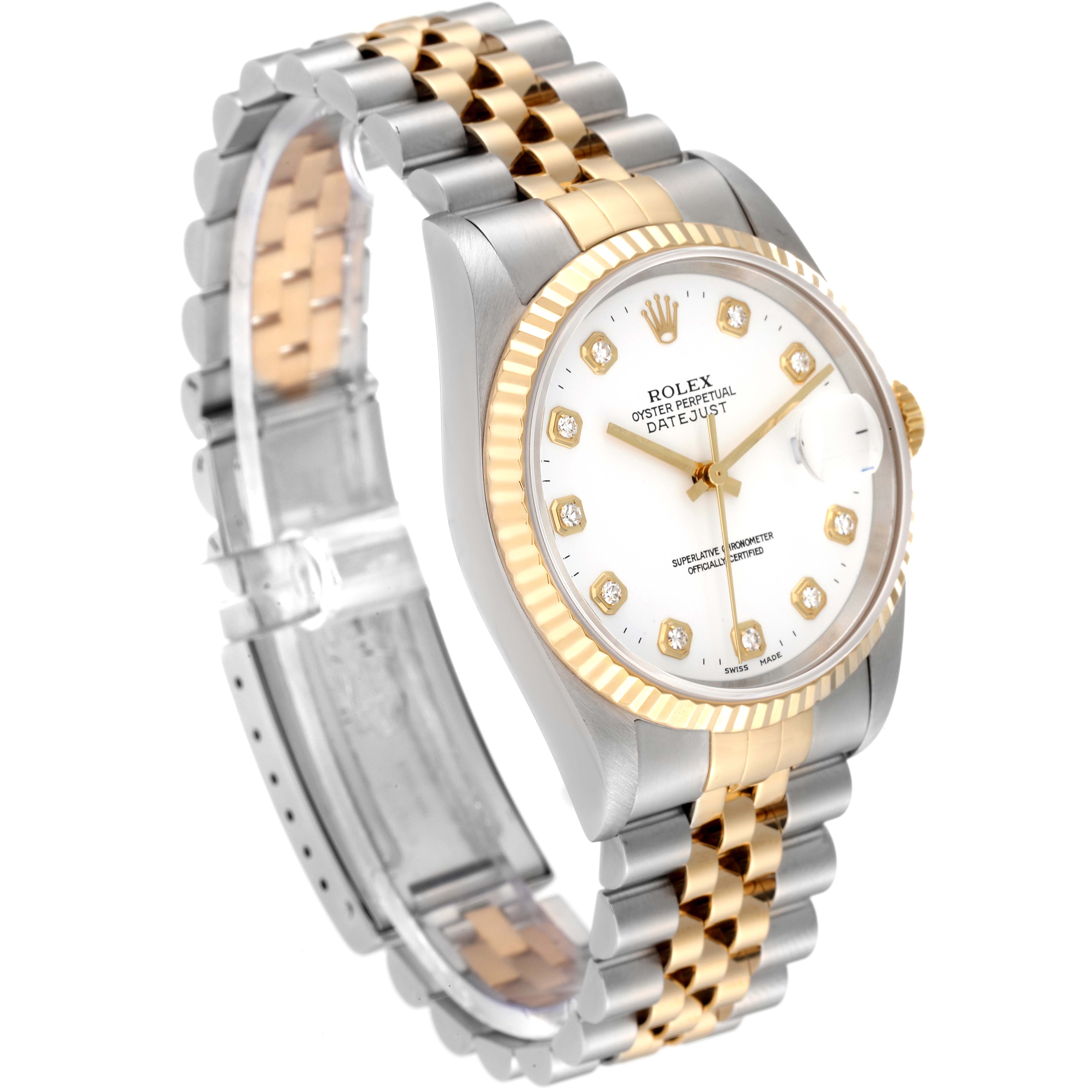 The image shows a side view of a Rolex Datejust 16233 Men's Steel and Gold (two tone) White Dial 16233 Men's Steel and Gold (two tone) White Dial watch, highlighting its two-tone bracelet, fluted bezel, and diamond hour markers.
