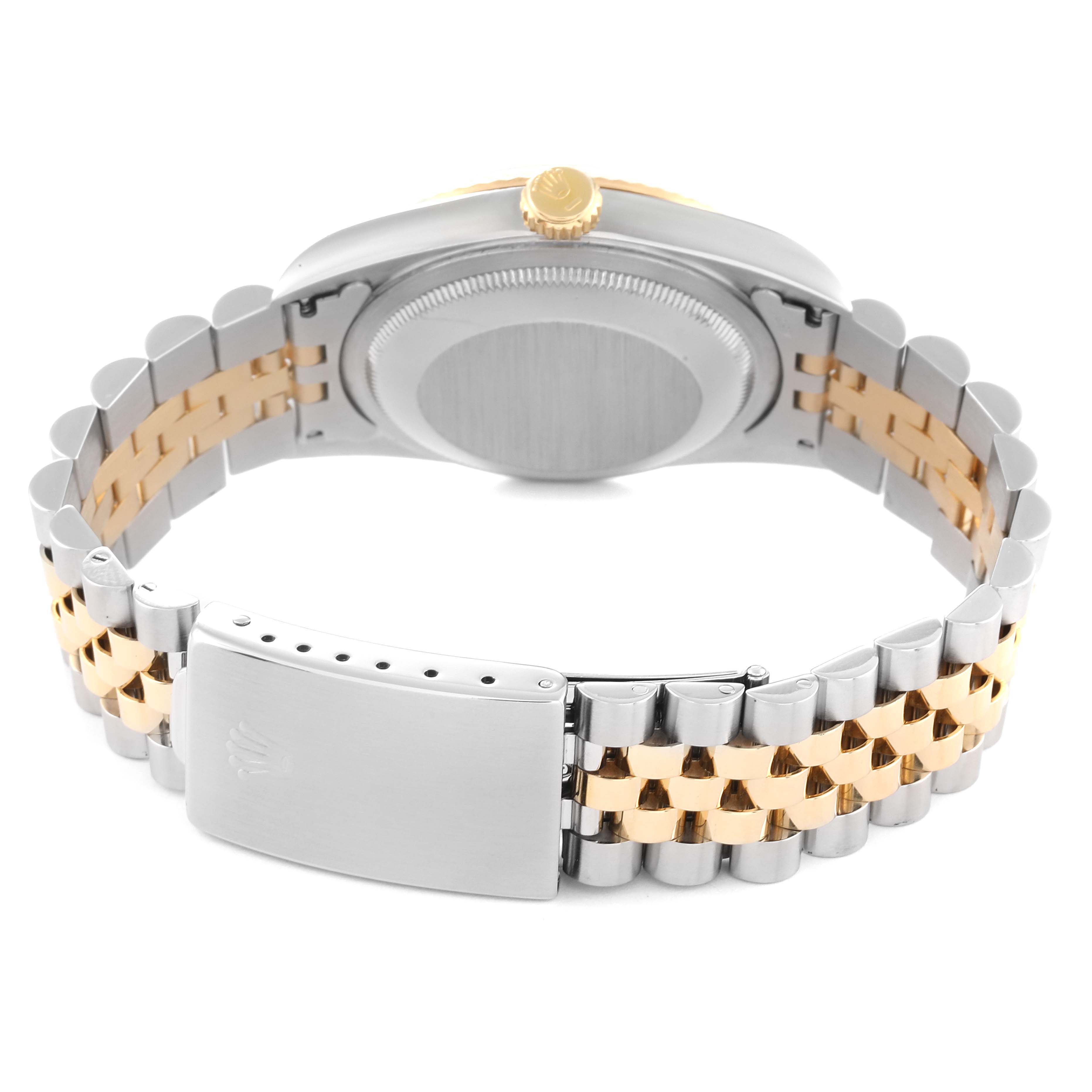 The image displays the back of a Rolex Datejust 16233 Men's Steel and Gold (two tone) White Dial 16233 Men's Steel and Gold (two tone) White Dial watch, showcasing the bracelet and clasp in a rear view angle.