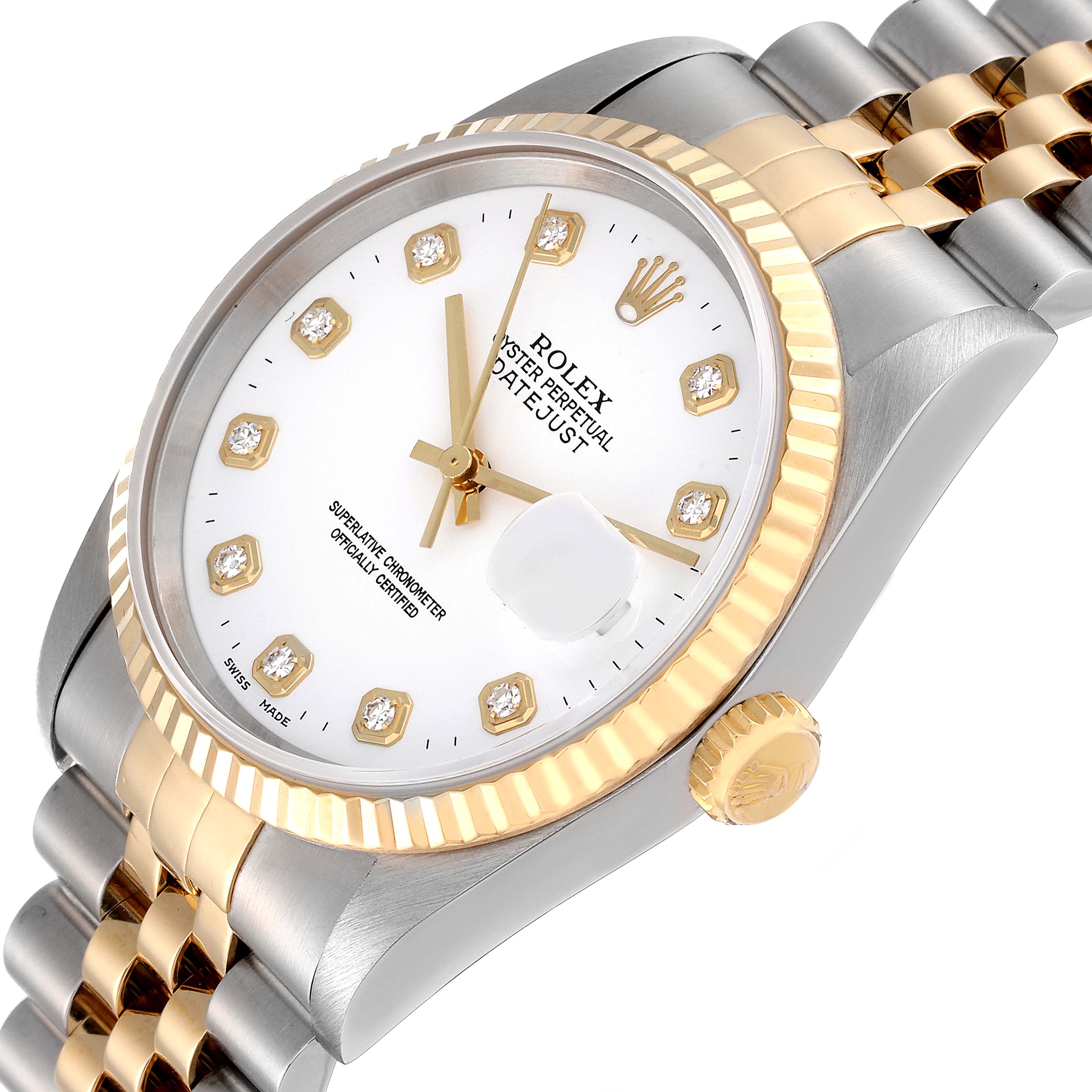 The image shows an angled view of a Rolex Datejust 16233 Men's Steel and Gold (two tone) White Dial 16233 Men's Steel and Gold (two tone) White Dial watch, highlighting its diamond hour markers, two-tone bracelet, and fluted bezel.