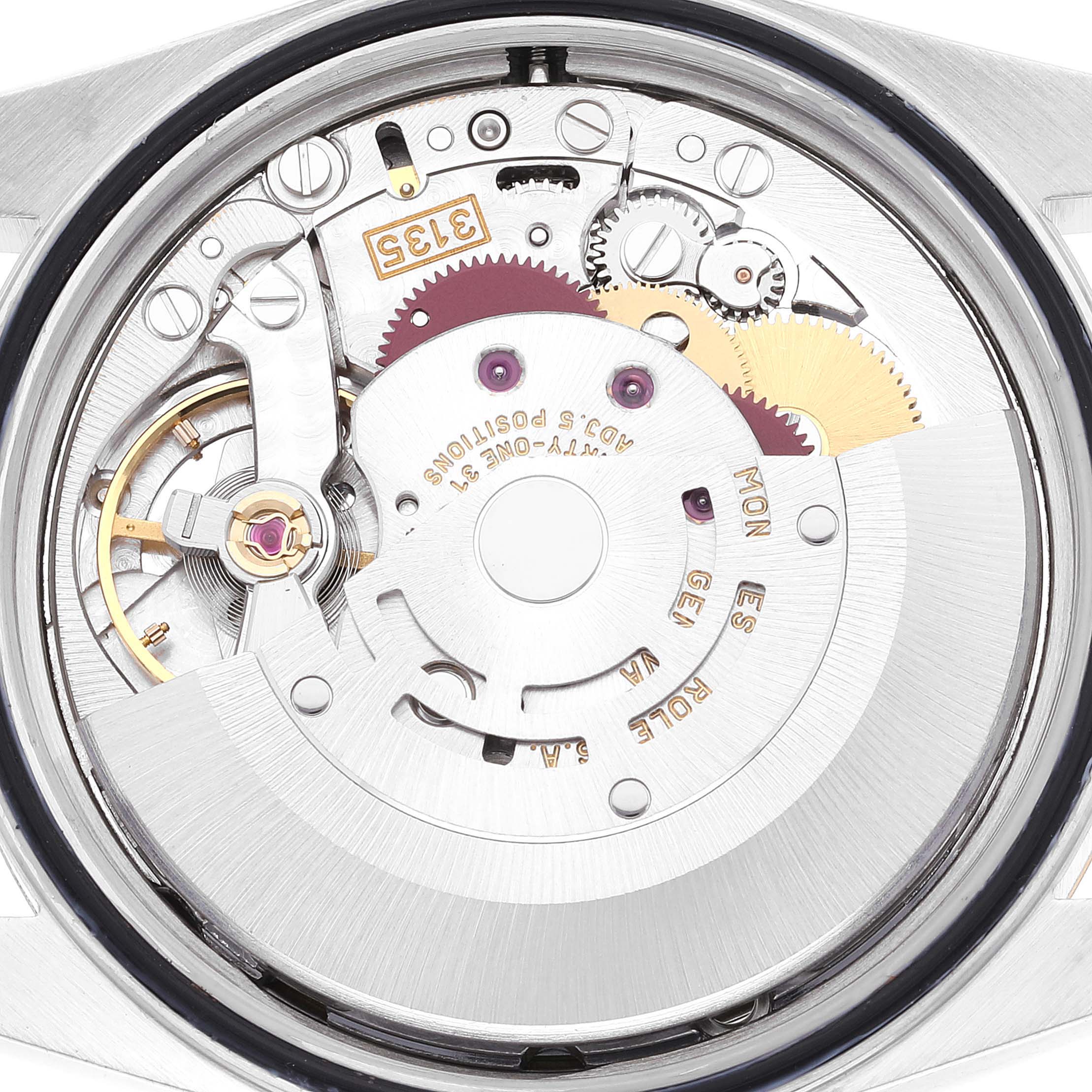 This image shows the movement mechanism of a Rolex Datejust 16233 Men's Steel and Gold (two tone) White Dial 16233 Men's Steel and Gold (two tone) White Dial watch, viewed from the back.