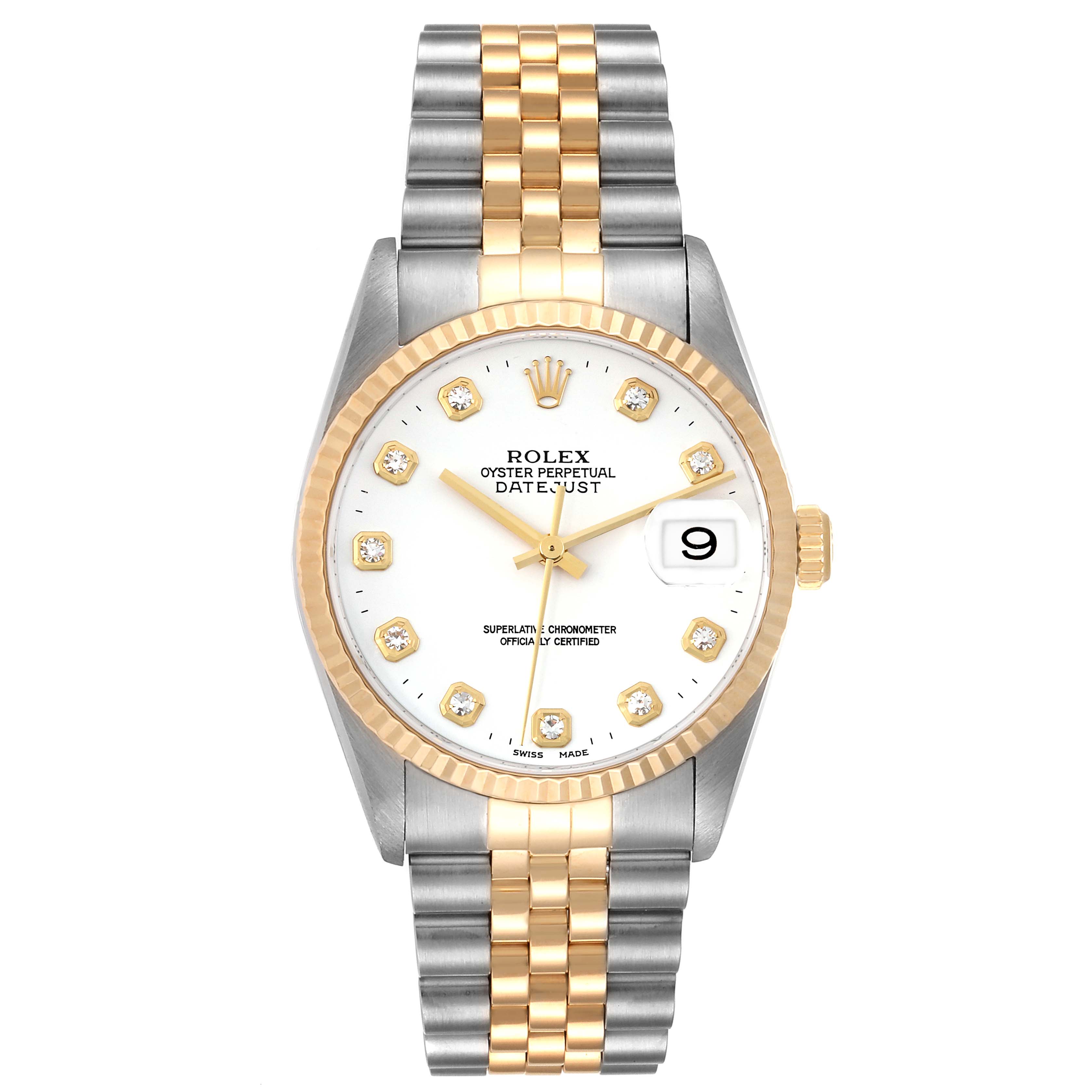 This image shows the front view of a Rolex Datejust 16233 Men's Steel and Gold (two tone) White Dial 16233 Men's Steel and Gold (two tone) White Dial watch, displaying its dial, bezel, and two-tone bracelet.