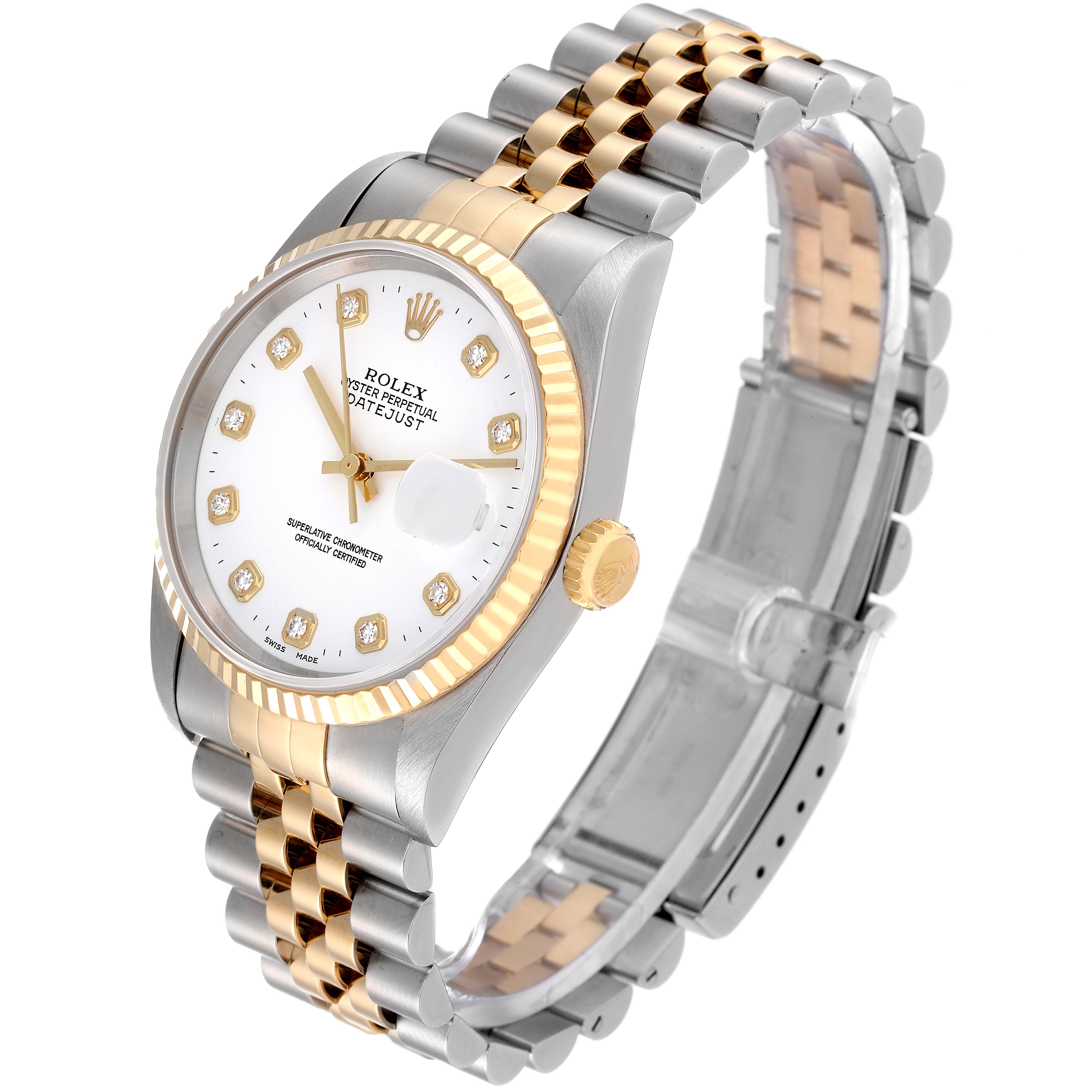 The image shows a Rolex Datejust 16233 Men's Steel and Gold (two tone) White Dial 16233 Men's Steel and Gold (two tone) White Dial watch at a three-quarter angle, highlighting its face, crown, fluted bezel, and Jubilee bracelet.