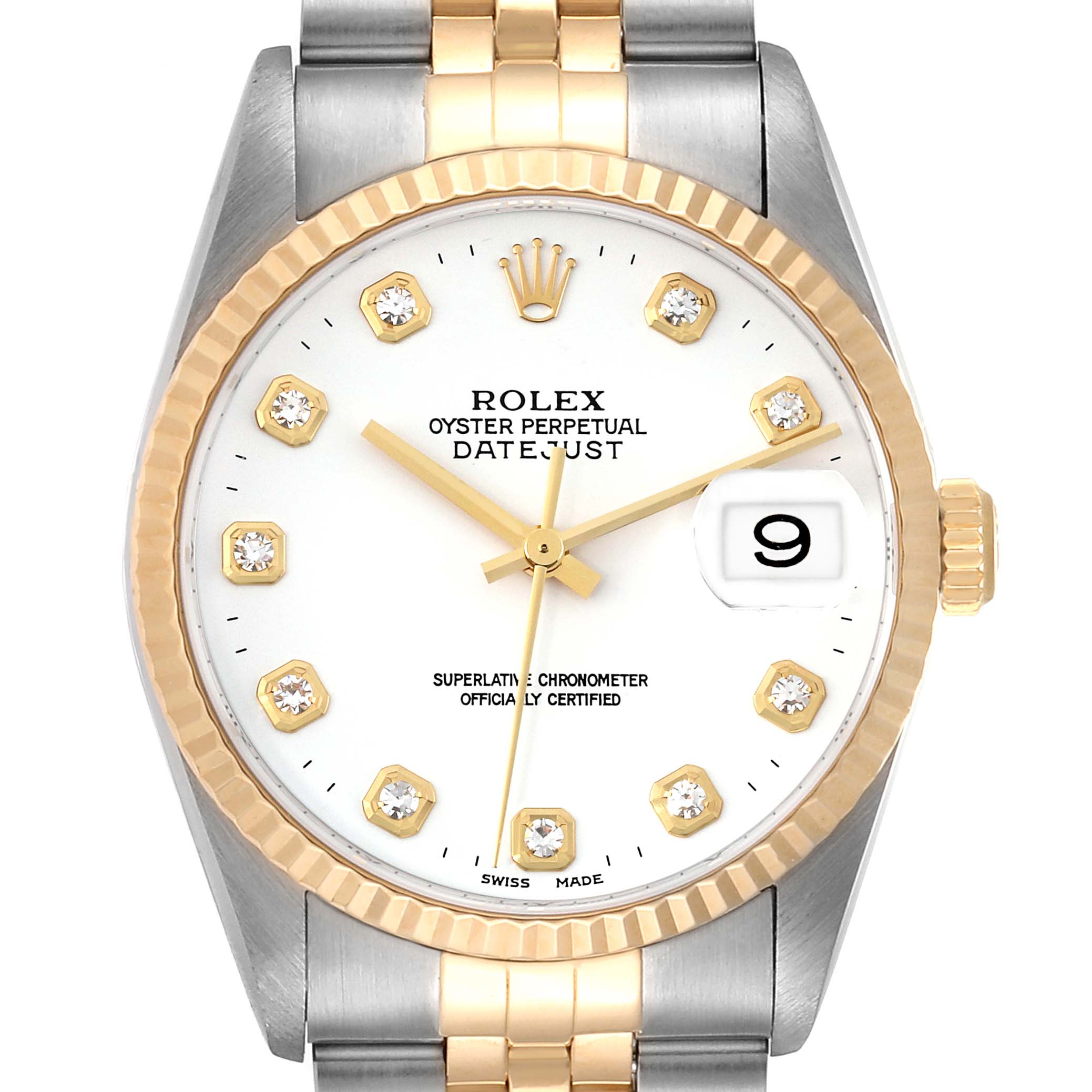 This image shows a front view of a Rolex Datejust 16233 Men's Steel and Gold (two tone) White Dial 16233 Men's Steel and Gold (two tone) White Dial watch, highlighting its dial, bezel, crown, and part of the bracelet.