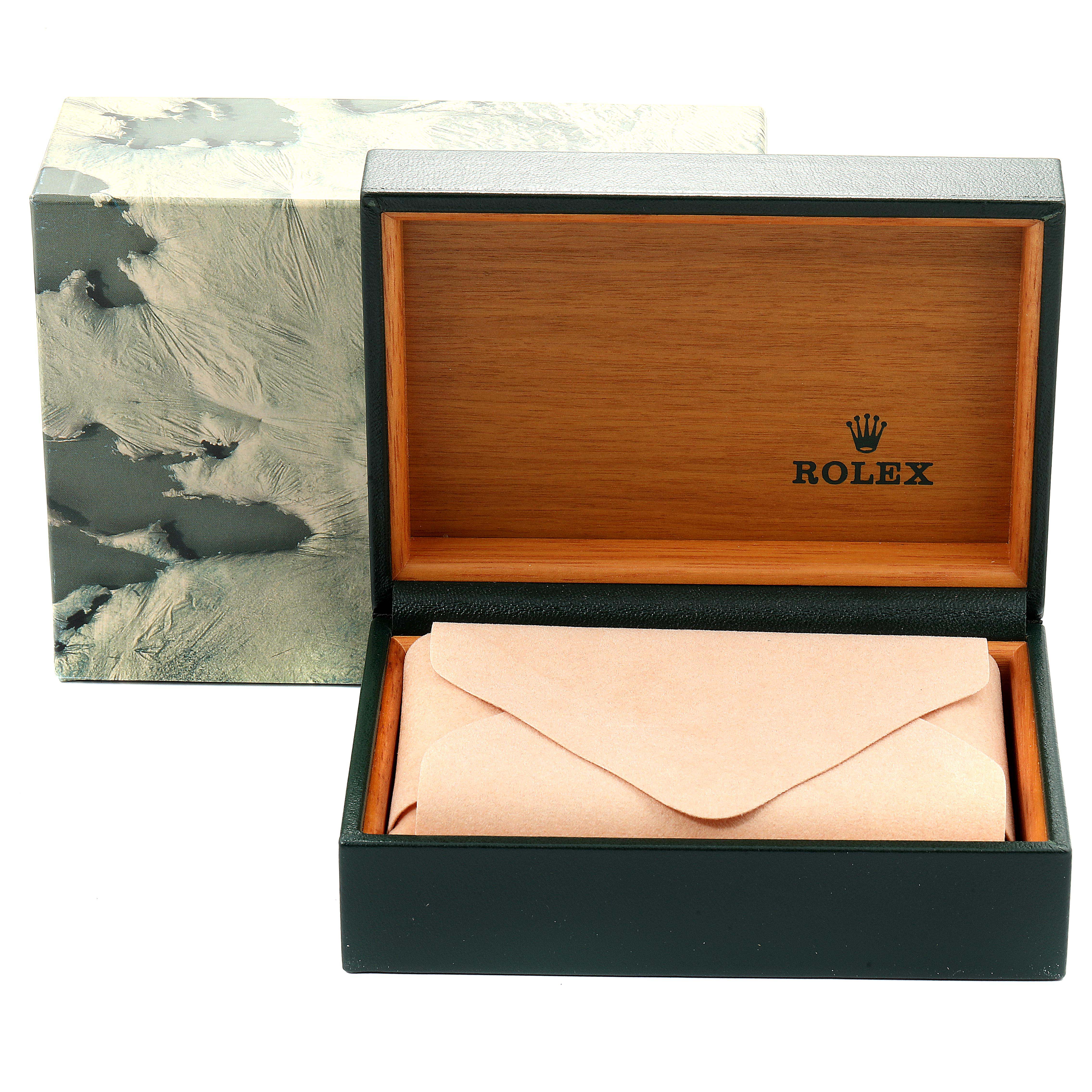 This image shows the Rolex Vintage Collection 16014 Men's Stainless Steel Black Dial 16014 Men's Stainless Steel Black Dial watch box and packaging, including the outer box and inner wooden box with the Rolex logo.