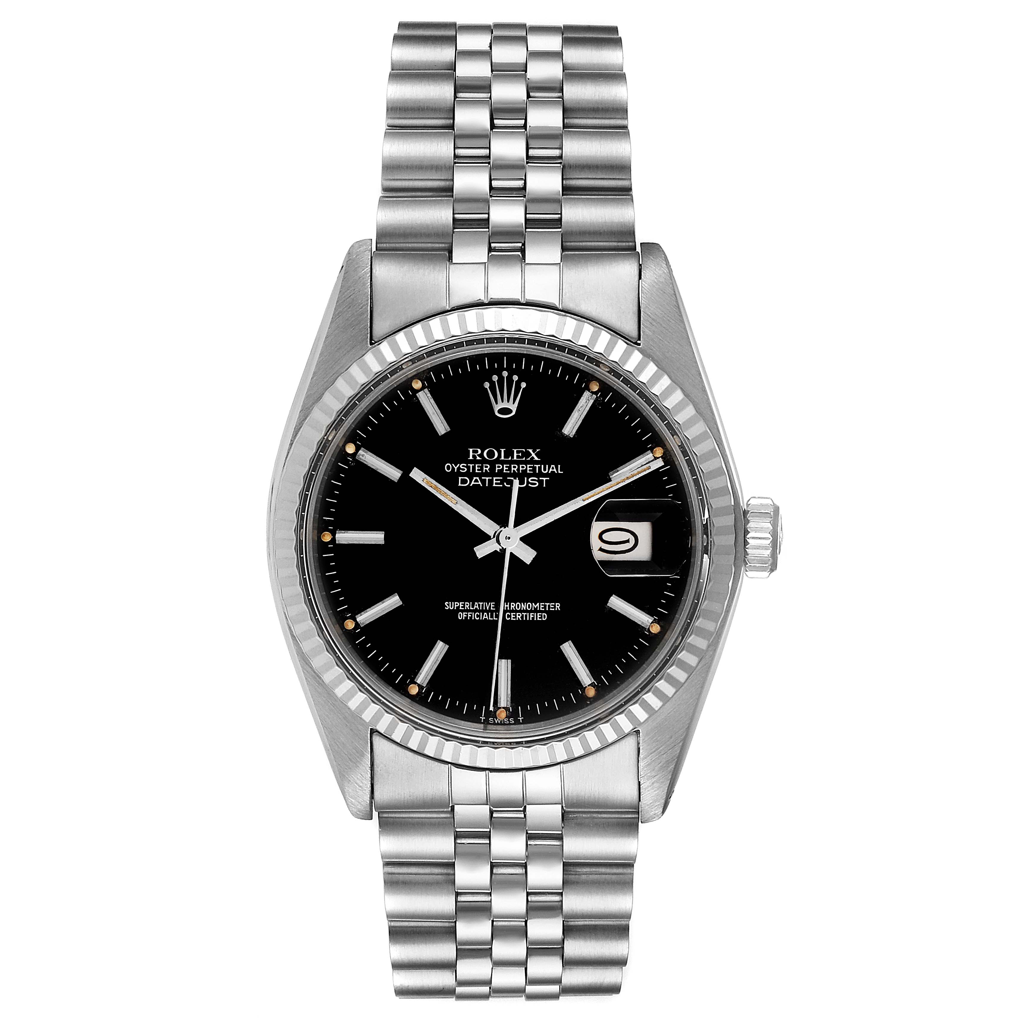 This image shows a front view of the Rolex Vintage Collection 16014 Men's Stainless Steel Black Dial 16014 Men's Stainless Steel Black Dial Oyster Perpetual Datejust, displaying the watch face and bracelet.