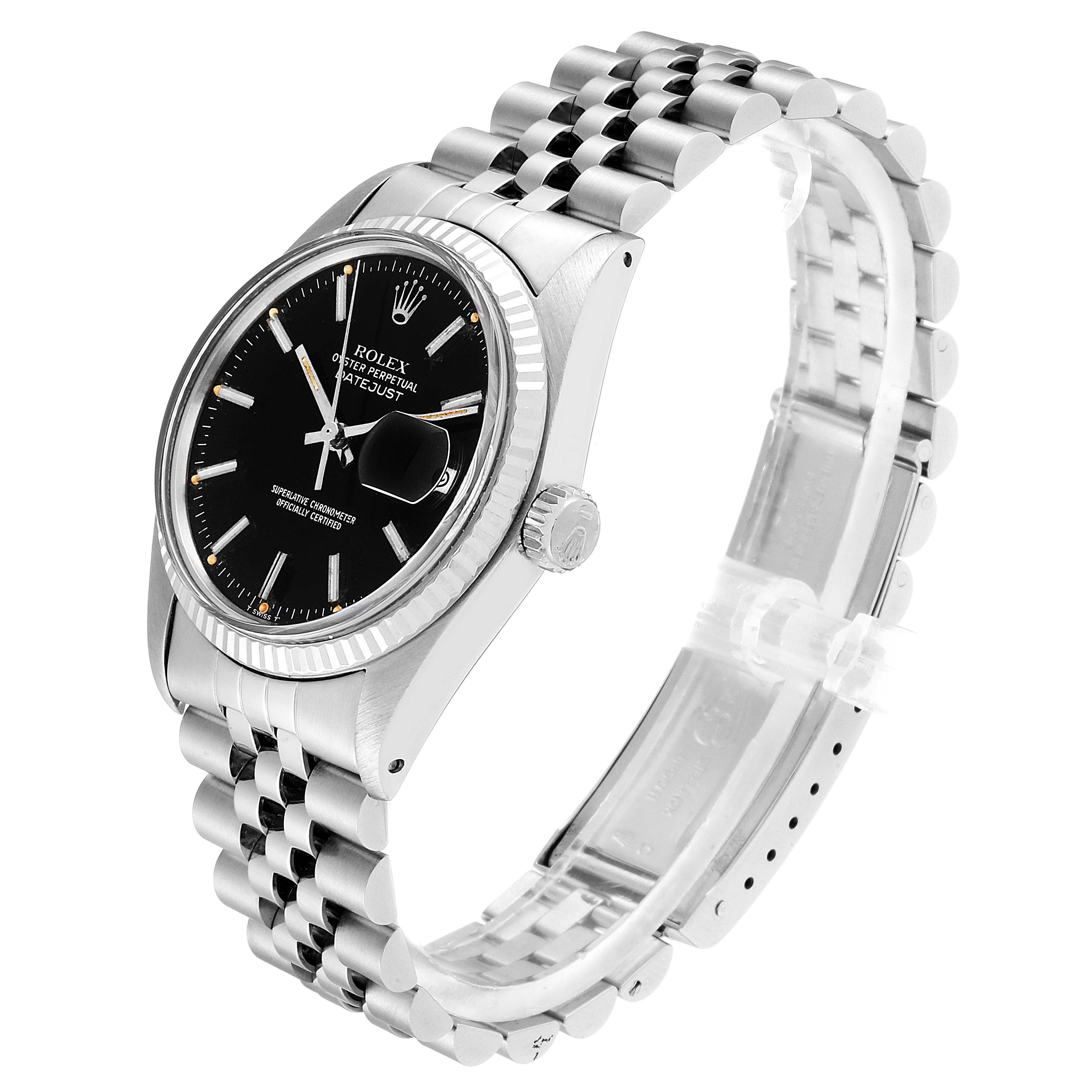 This image shows a Vintage Collection Rolex watch at a three-quarter angle, highlighting the black dial, jubilee bracelet, and side crown.