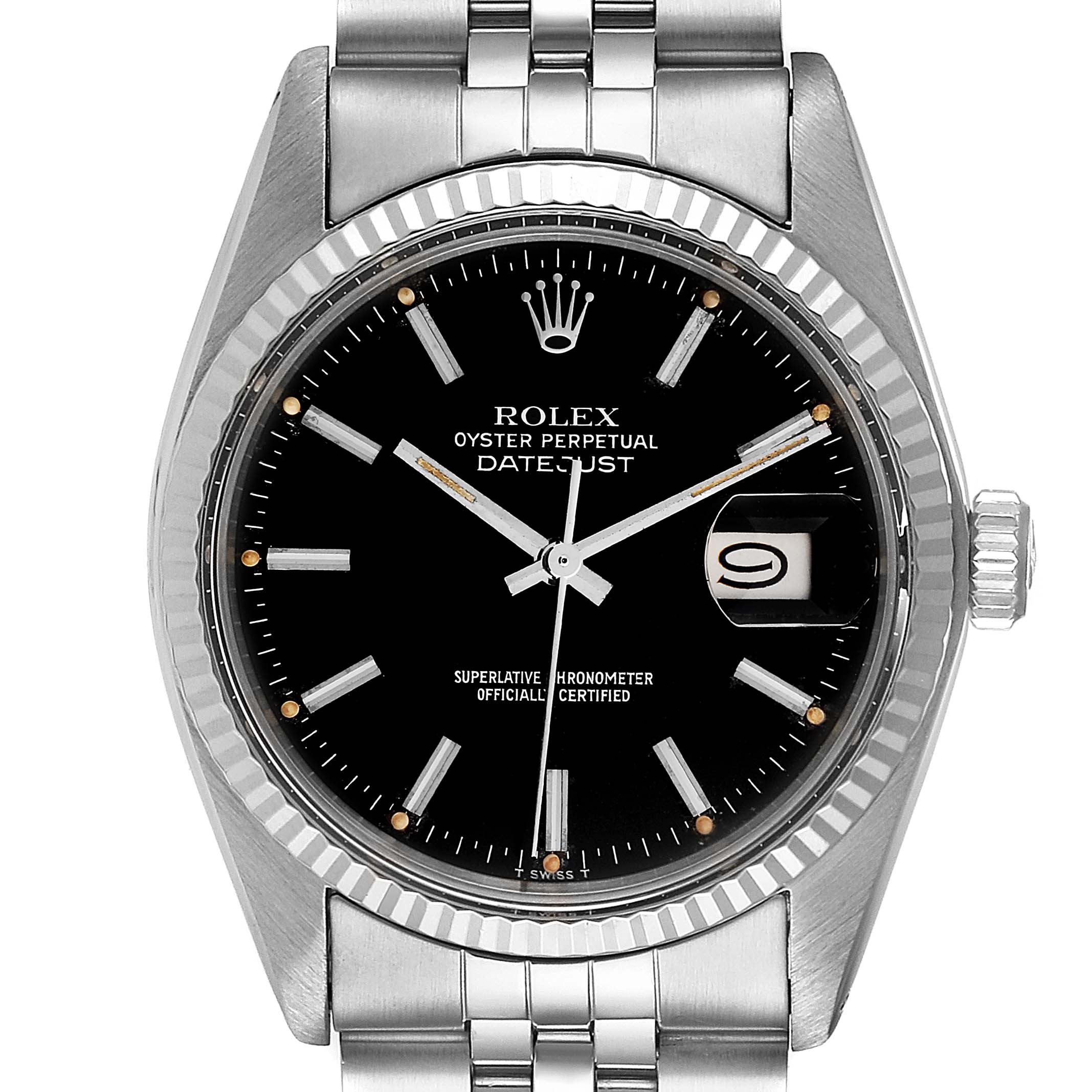 This image shows a frontal view of the Rolex Vintage Collection 16014 Men's Stainless Steel Black Dial 16014 Men's Stainless Steel Black Dial Datejust watch, featuring the watch face, bezel, and part of the bracelet.