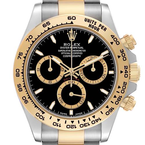 The Rolex Daytona 126503 Men's Steel and Gold (two tone) Black Dial watch is shown from the front, highlighting its face, bezel, and pushers.