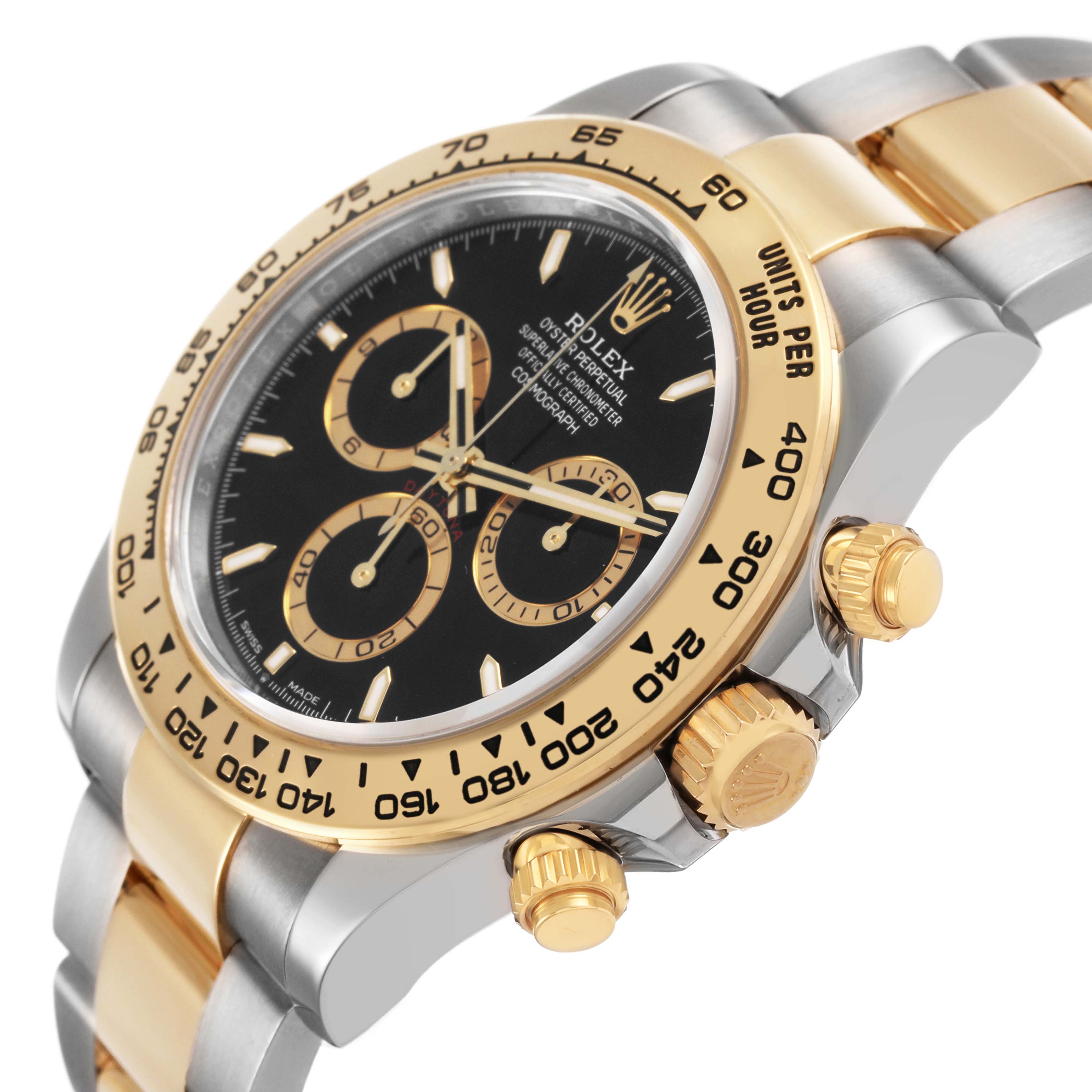 The Rolex Daytona 126503 Men's Steel and Gold (two tone) Black Dial watch is shown from a side angle, highlighting its gold bezel, black dial, and two-tone bracelet.