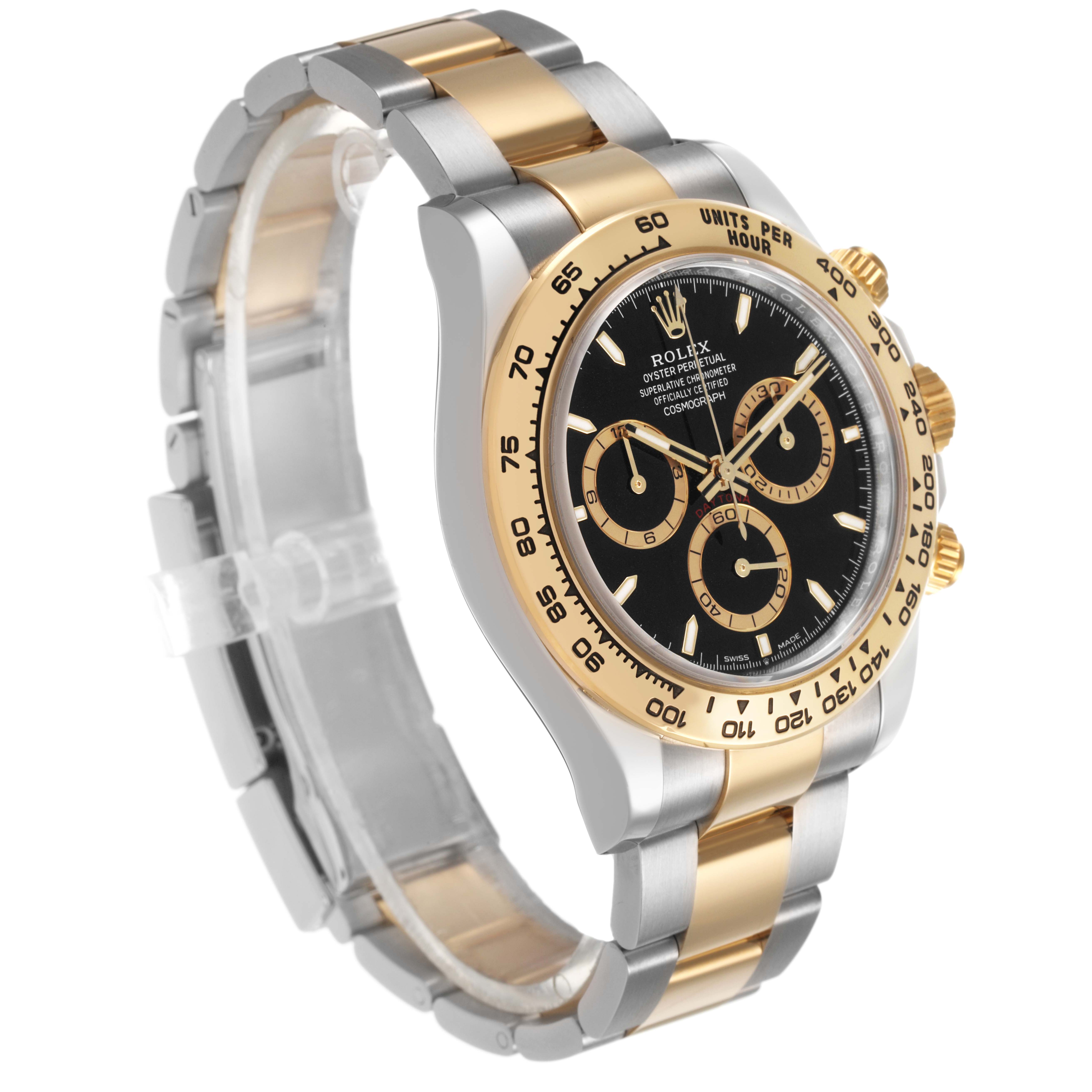 The Rolex Daytona 126503 Men's Steel and Gold (two tone) Black Dial watch is shown at an angled side view, displaying the bezel, dial, and part of the bracelet.