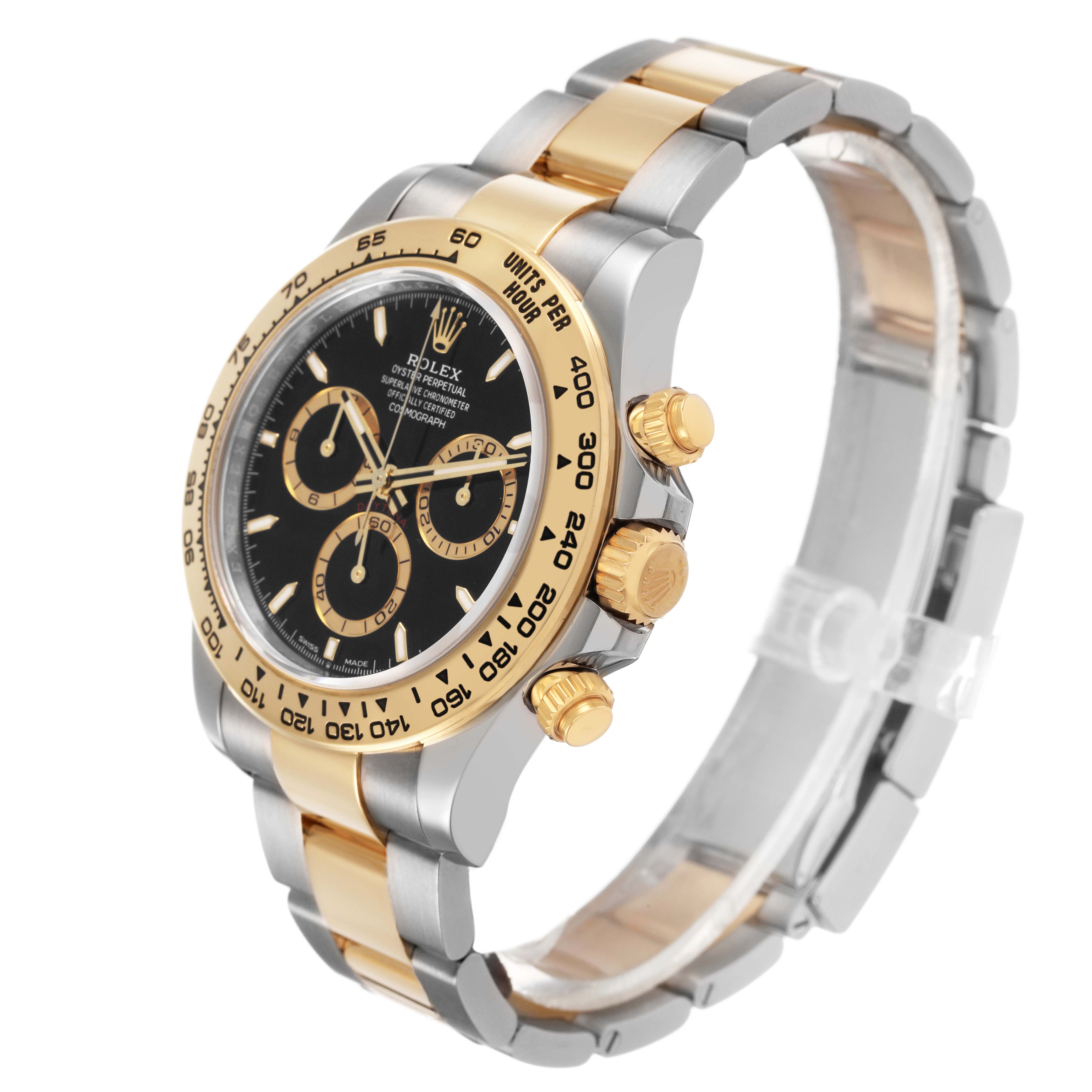 The Rolex Daytona 126503 Men's Steel and Gold (two tone) Black Dial is shown from a three-quarter angle, highlighting the bezel, crown, pushers, and bracelet.