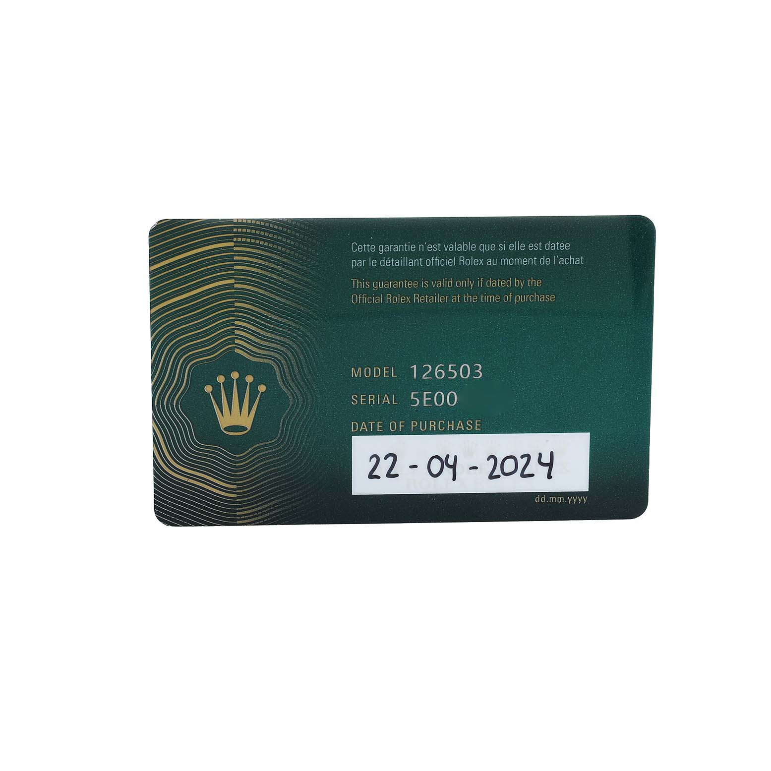 The image shows a warranty card for a Rolex Daytona 126503 Men's Steel and Gold (two tone) Black Dial model, displaying model number, serial number, and purchase date.