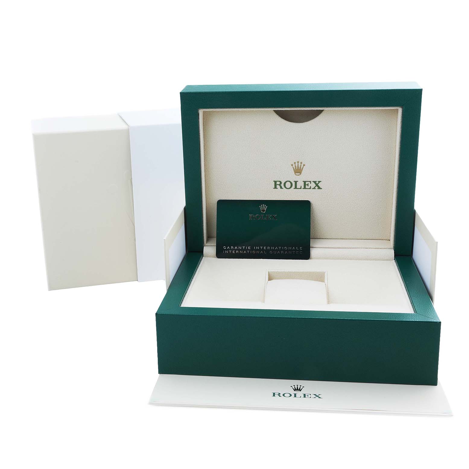 The image shows an open Rolex Daytona 126503 Men's Steel and Gold (two tone) Black Dial watch box from a front angle, with the guarantee card inside.
