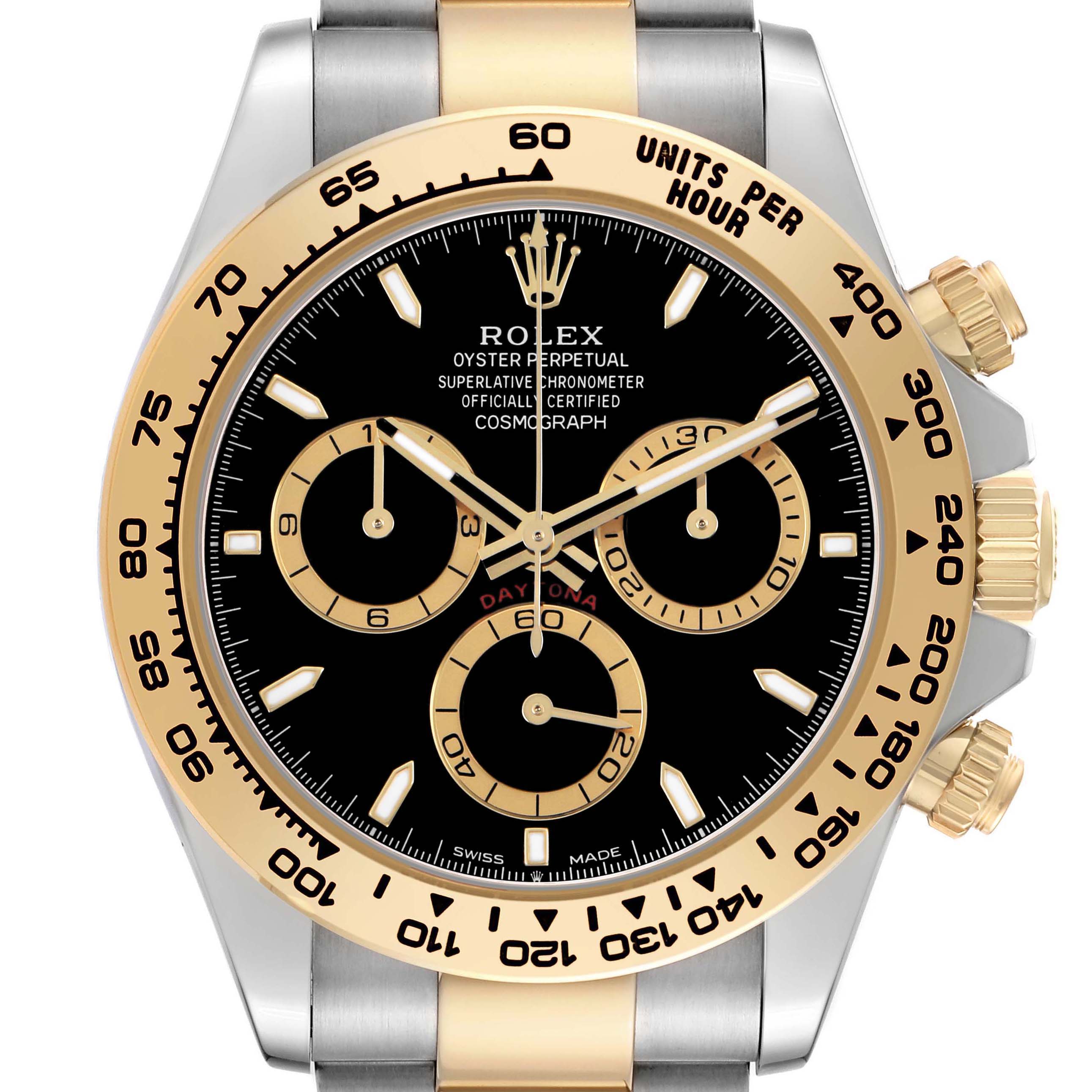The Rolex Daytona 126503 Men's Steel and Gold (two tone) Black Dial watch is shown from a front angle, highlighting the bezel, dial, sub-dials, and crown.